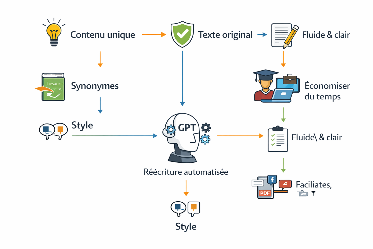 Schéma expliquant la réécriture automatique de texte avec GPT.