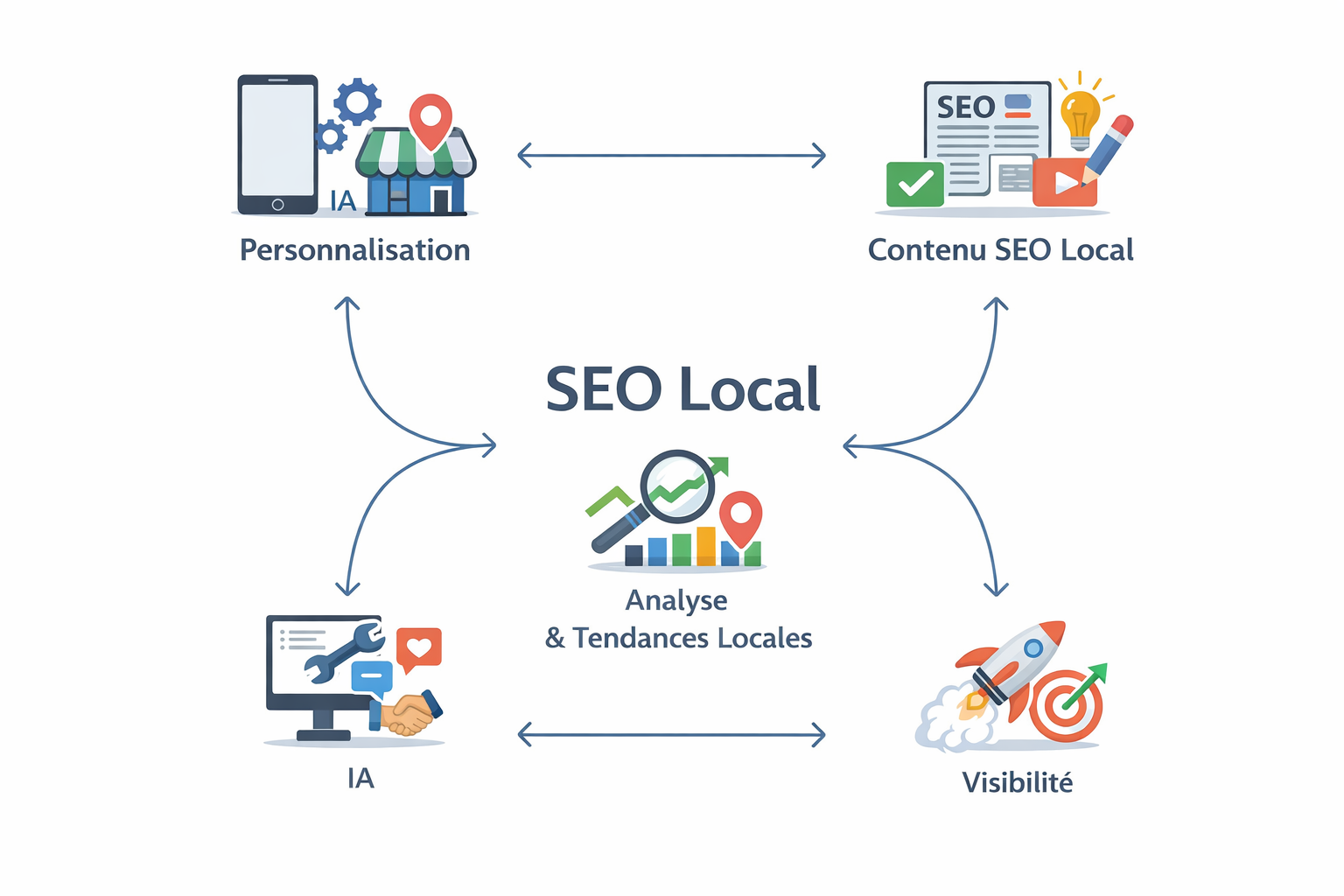 Schéma SEO local avec personnalisation, contenu, IA, visibilité.