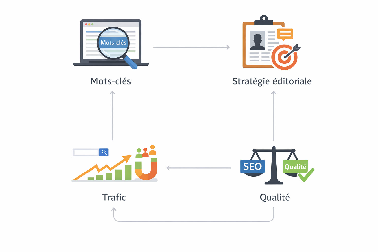 Cycle SEO reliant mots-clés, stratégie éditoriale, qualité, trafic.