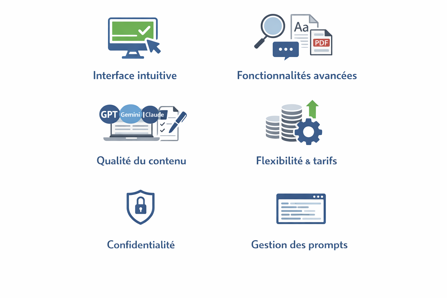 Caractéristiques clés : interface, fonctionnalités, contenu, flexibilité, confidentialité, prompts.