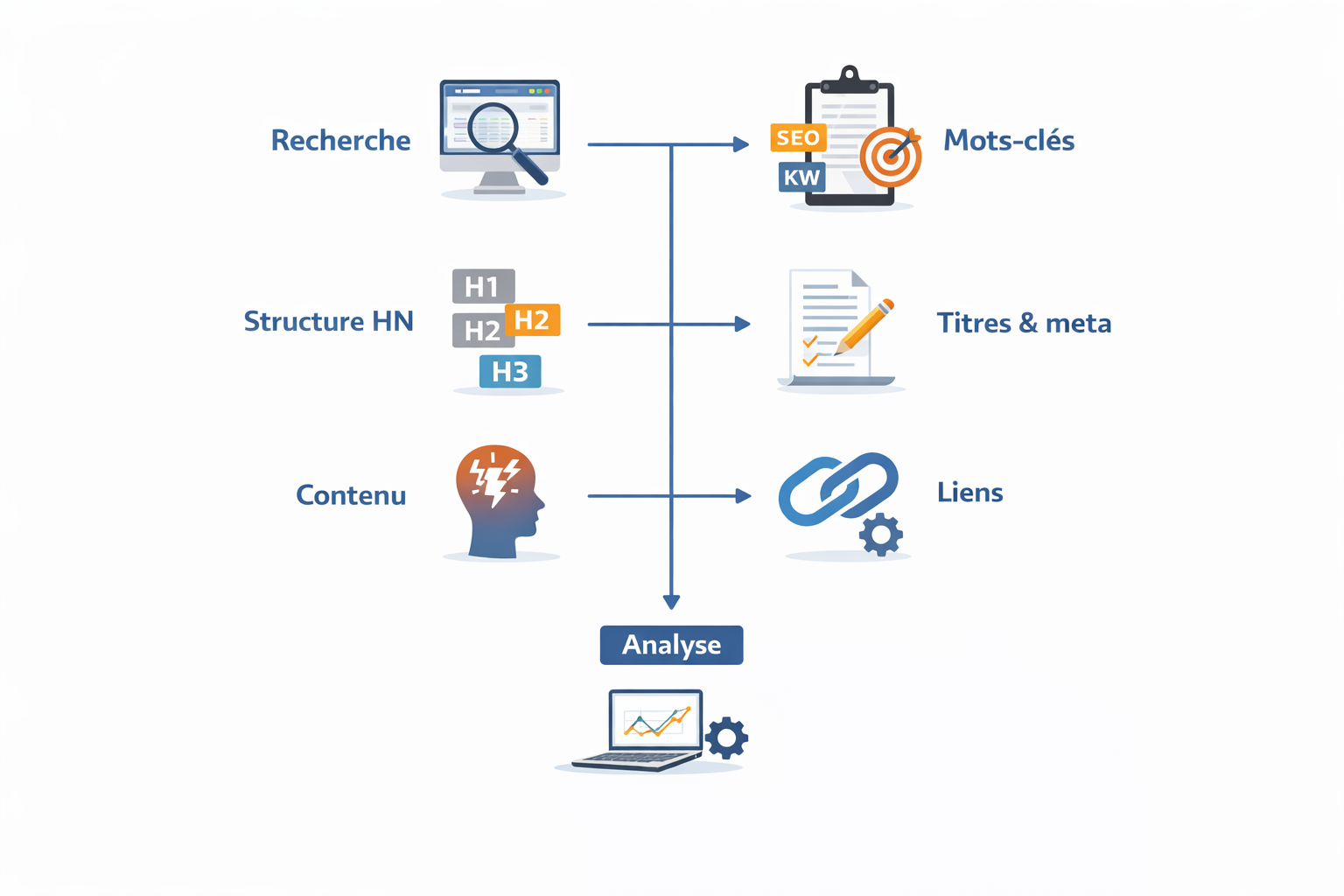 Processus SEO : recherche, structure, contenu, analyse, optimisation.