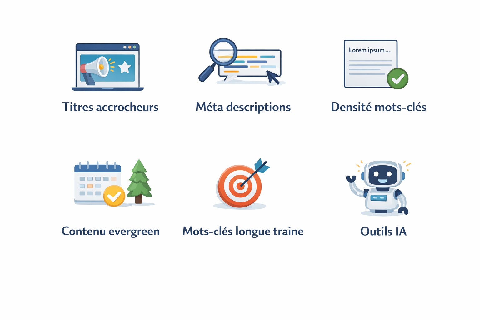 Conseils SEO : titres, méta descriptions, mots-clés, contenu, IA.