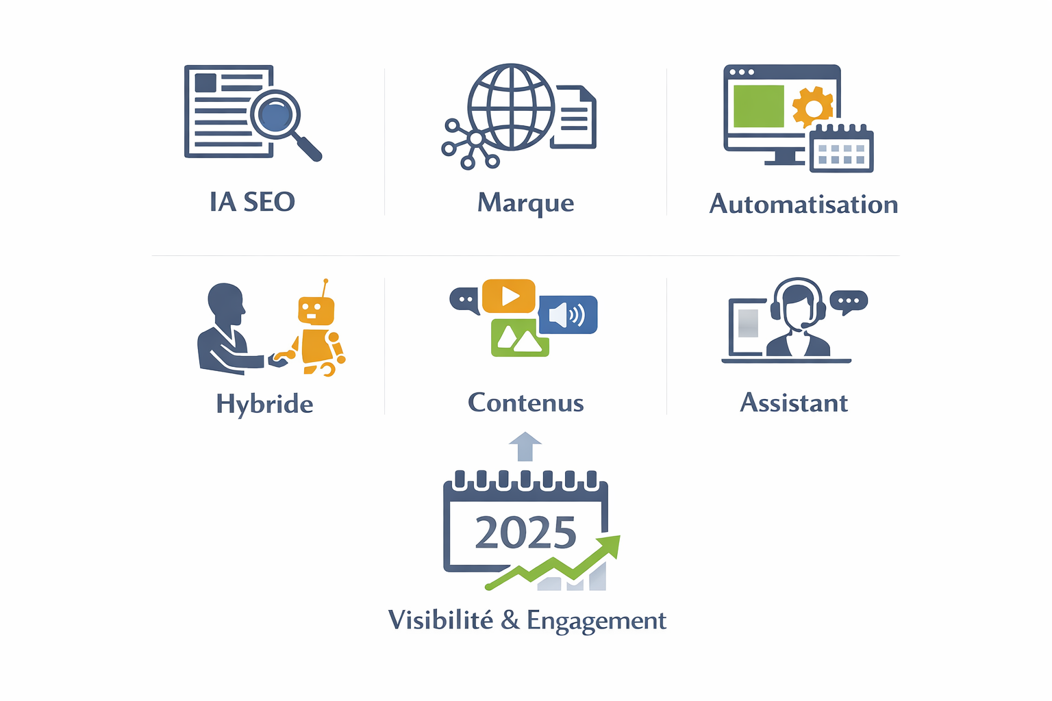 Stratégies SEO, marque, automation, hybride, contenus, assistant, 2025.