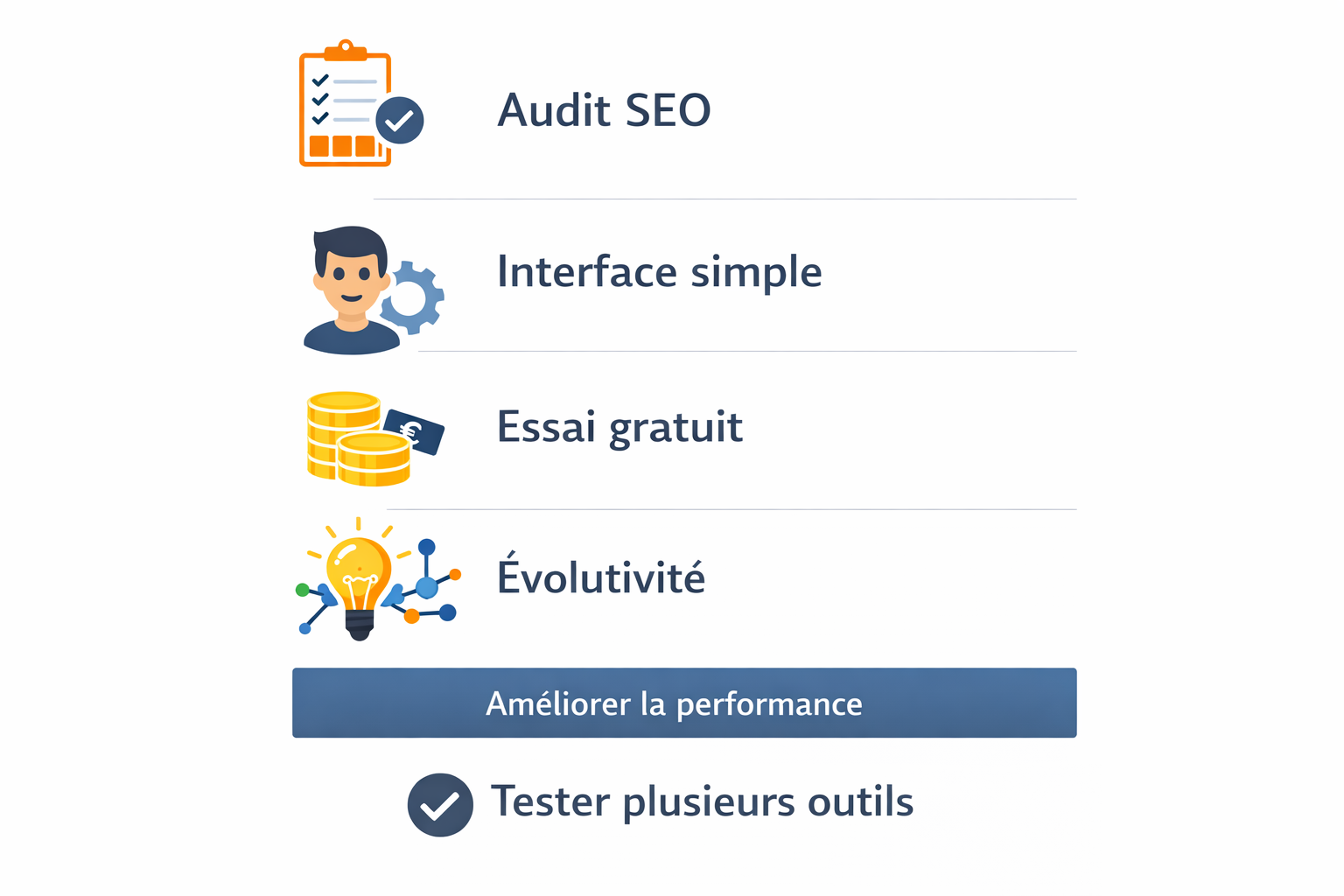 Audit SEO, interface simple, essai gratuit, évolutivité, performance.