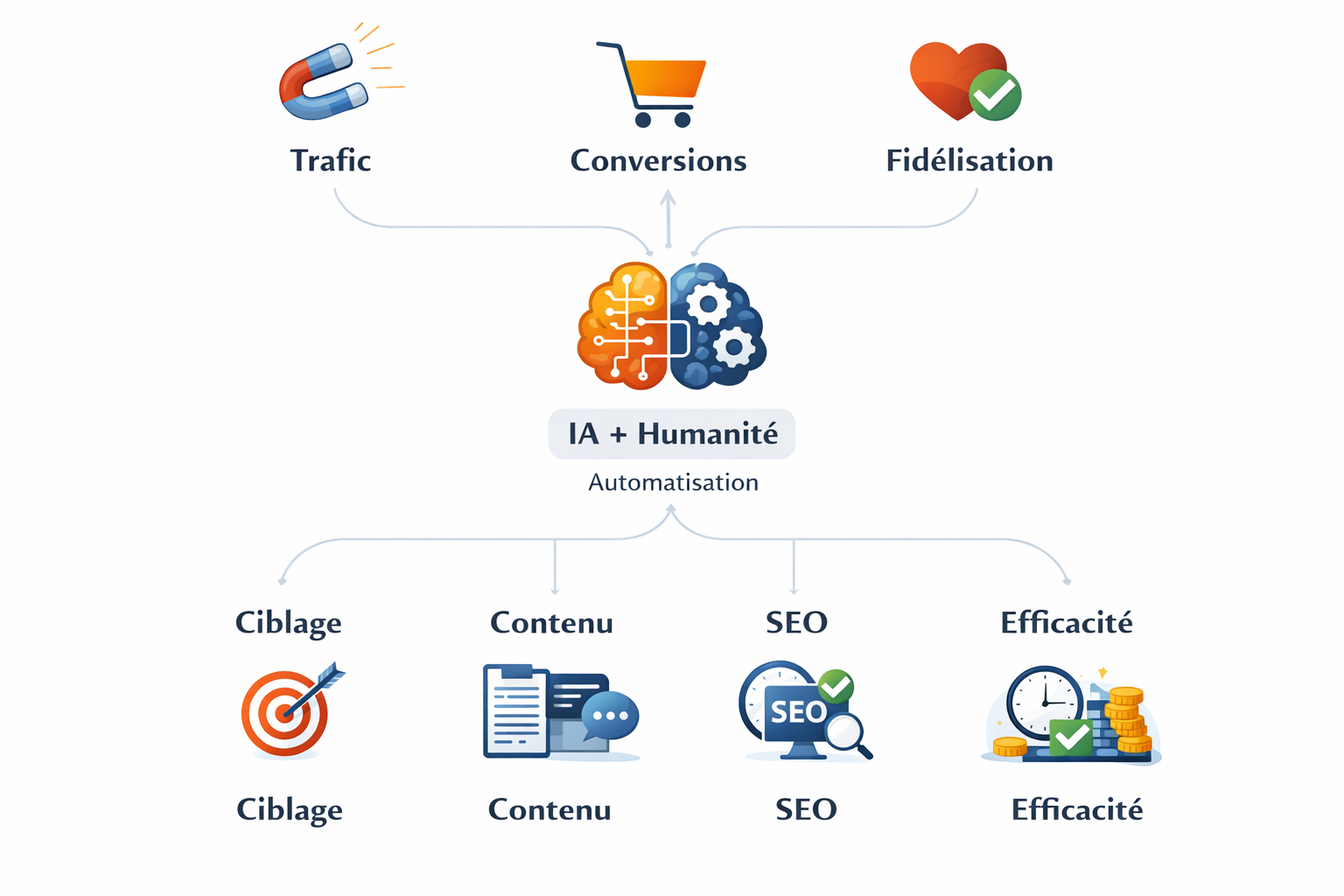 Automatisation IA-humanité optimise trafic, conversions, fidélisation.