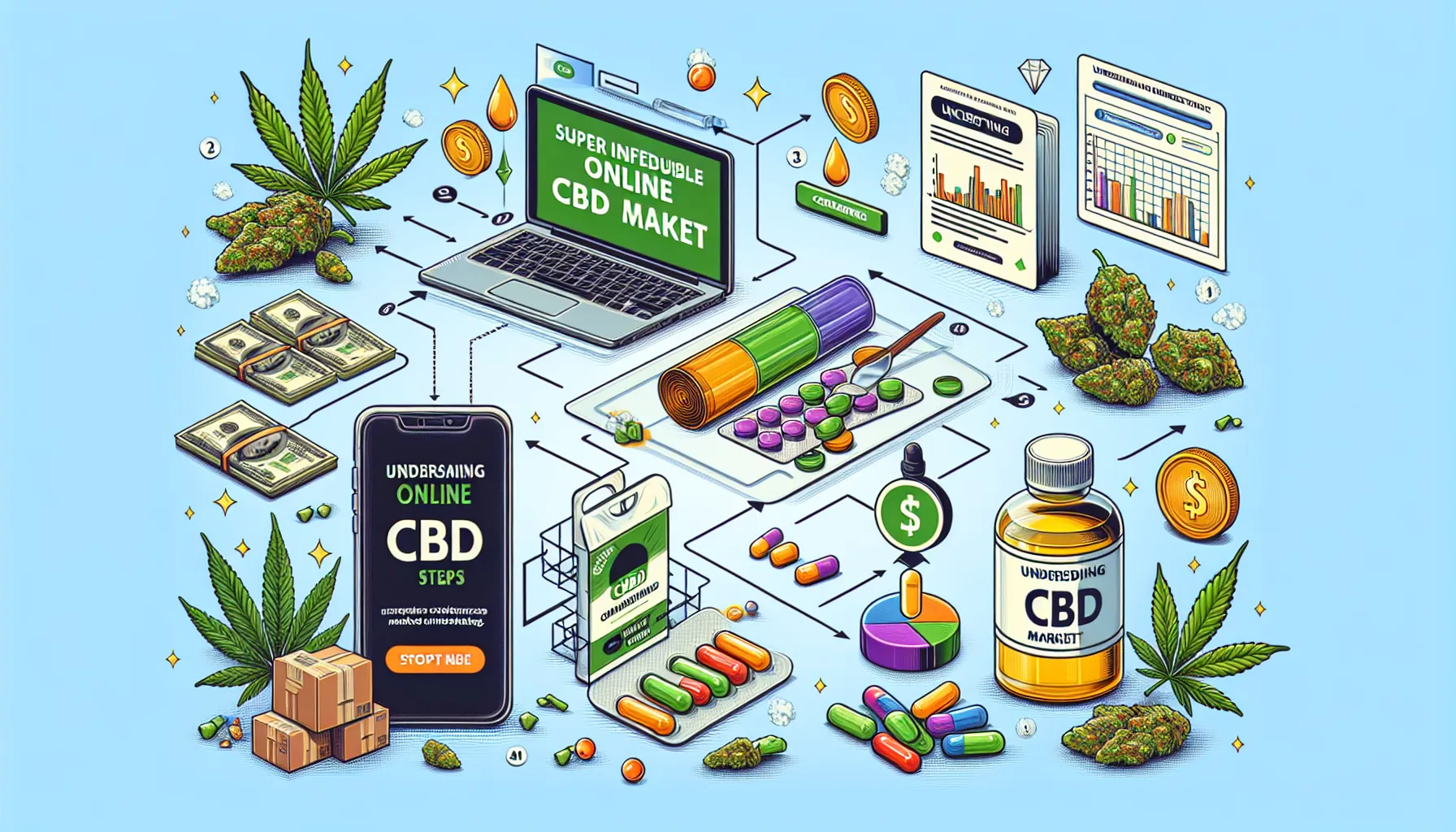 Create a super realistic visual that depicts the process of buying inexpensive online CBD in five key steps, understanding the CBD market. It includes various elements symbolizing the online purchasing procedure such as a computer or smartphone, several depictions of the CBD product, possibly including oil, gummies, or capsules, along with chart or graph imagery to symbolize market understanding. Please keep the image simple and crystal clear.