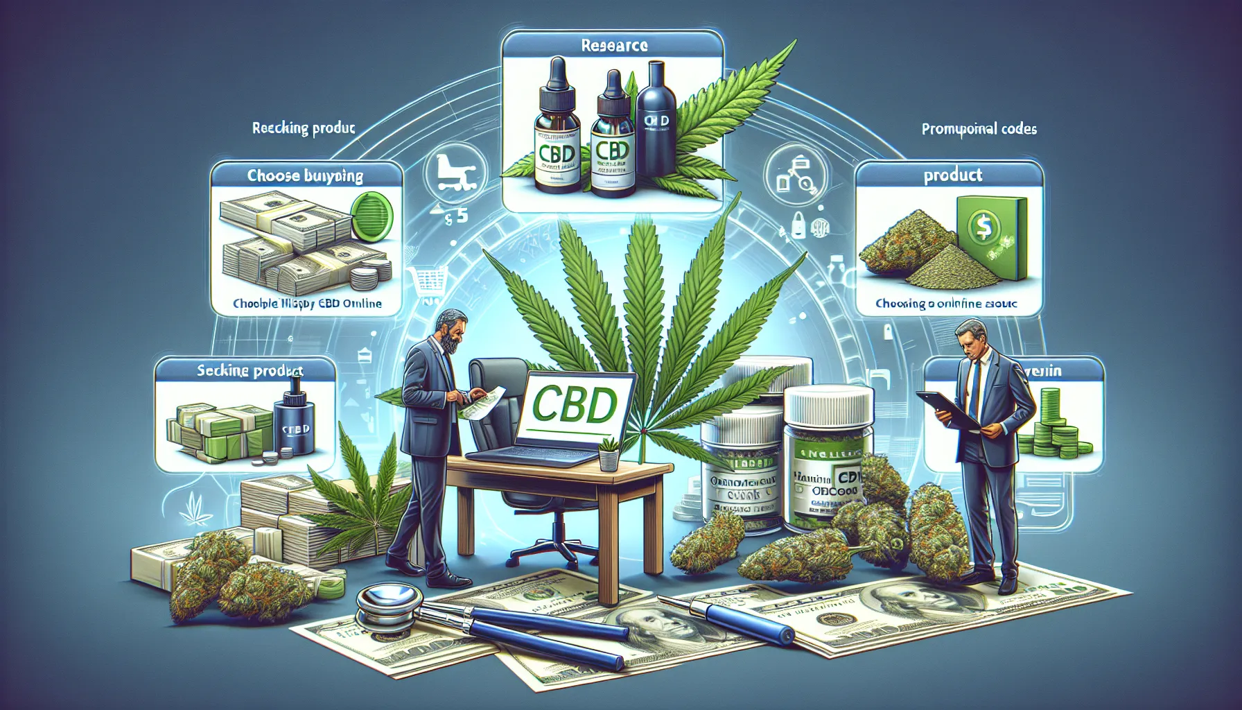 Generate a highly realistic image themed for an advertisement. The scene should showcase the process of buying cheap CBD online in 5 key steps. These steps would include researching the product, choosing a reliable online source, selecting a product, availing promotional codes, and making the purchase. The image must not contain any text.