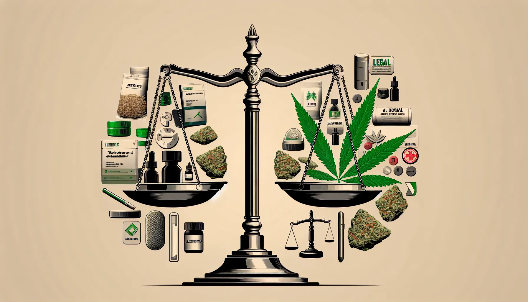 L'image représente une balance de la justice, avec deux plateaux. À gauche, on trouve divers produits liés à la consommation de cannabis, comme des sachets, des huiles, et des pilules. À droite, des éléments supplémentaires comme des feuilles de cannabis et d'autres produits associés. L'ensemble est illustré avec un fond neutre, soulignant le contraste entre les produits. Cette composition symbolise les enjeux liés à la légalité et à la régulation du cannabis.