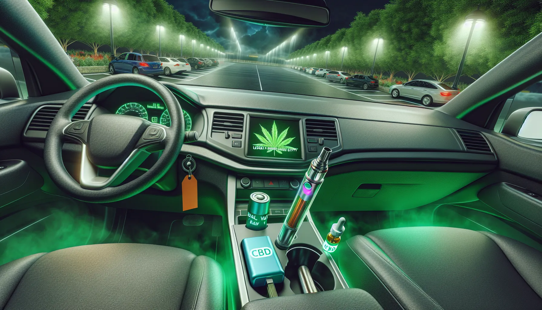 L'image montre l'intérieur d'une voiture vue de l'avant. Le tableau de bord présente des éléments modernes avec un écran affichant une feuille de cannabis et des inscriptions telles que 