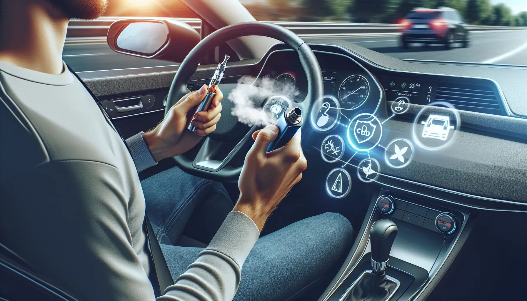 L'image présente une scène à l'intérieur d'une voiture moderne. Un individu tient deux dispositifs de vaporisation dans ses mains, en inhalant de la vapeur. L'intérieur de l'habitacle est bien éclairé, avec un tableau de bord numérique affichant différentes icônes et informations, suggérant des fonctionnalités avancées de la voiture. Les fenêtres montrent un paysage extérieur en mouvement, indiquant que le véhicule est en mouvement sur la route. La luminosité de l'image suggère un moment de la journée, peut-être le matin ou le soir.