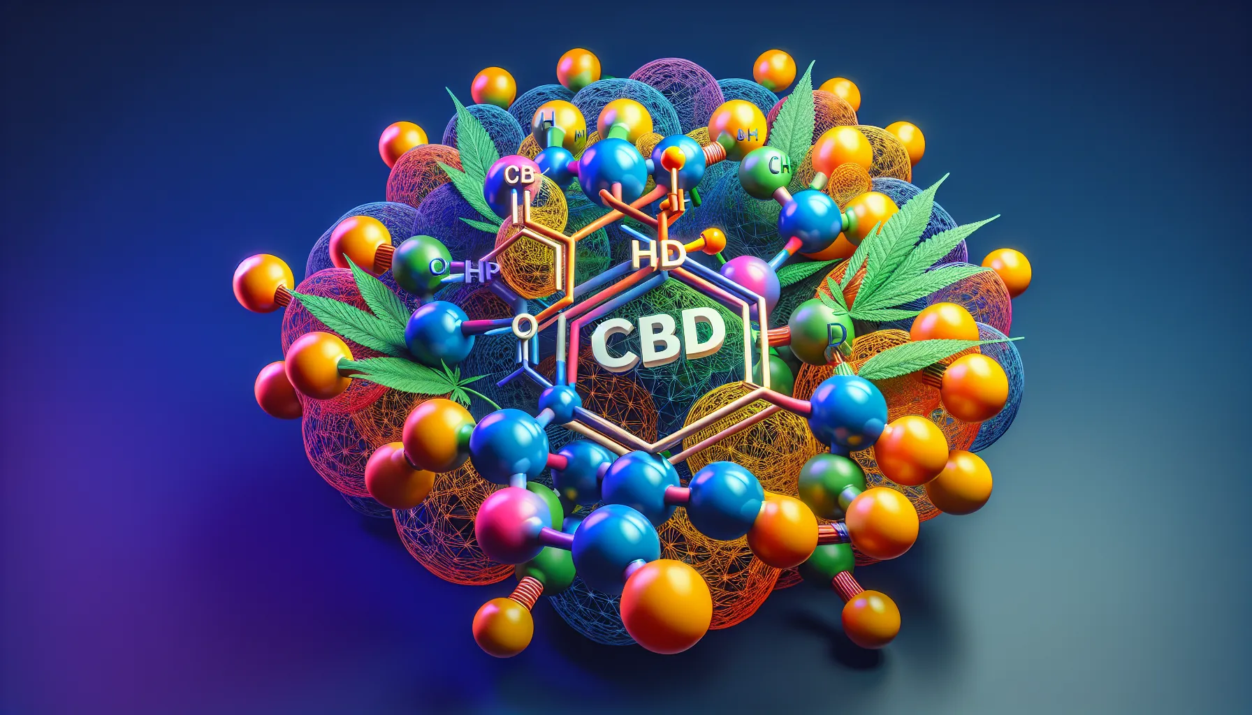 Créez une représentation visuelle hyper-réaliste en 3D à des fins publicitaires, en mettant l'accent sur la nouvelle version du composé actif H4CBD. L'image devrait afficher de manière vivante le CBDP, un type de cannabinoïde, et illustrer comment il se compare aux autres cannabinoïdes. Ceci pourrait être représenté à l'aide d'une structure moléculaire ou d'un graphique. Les couleurs doivent être vives pour mettre l'accent sur le CBDP, tout en maintenant la simplicité. Aucun texte ne doit être incorporé dans l'image.