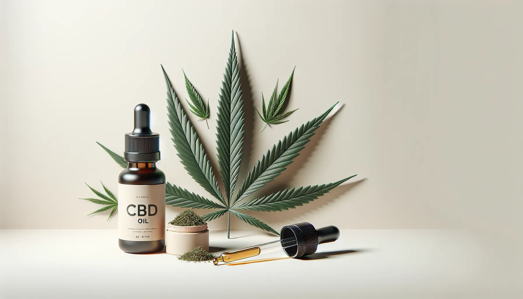 Générez une image ultra-réaliste et minimaliste adaptée à une publicité, centrée sur le thème des produits à base de CBD. L'image doit inclure des éléments tels que de l'huile de CBD dans un compte-gouttes, des feuilles de chanvre et un arrière-plan apaisant et neutre. Assurez-vous qu'il n'y ait pas de texte dans l'image.