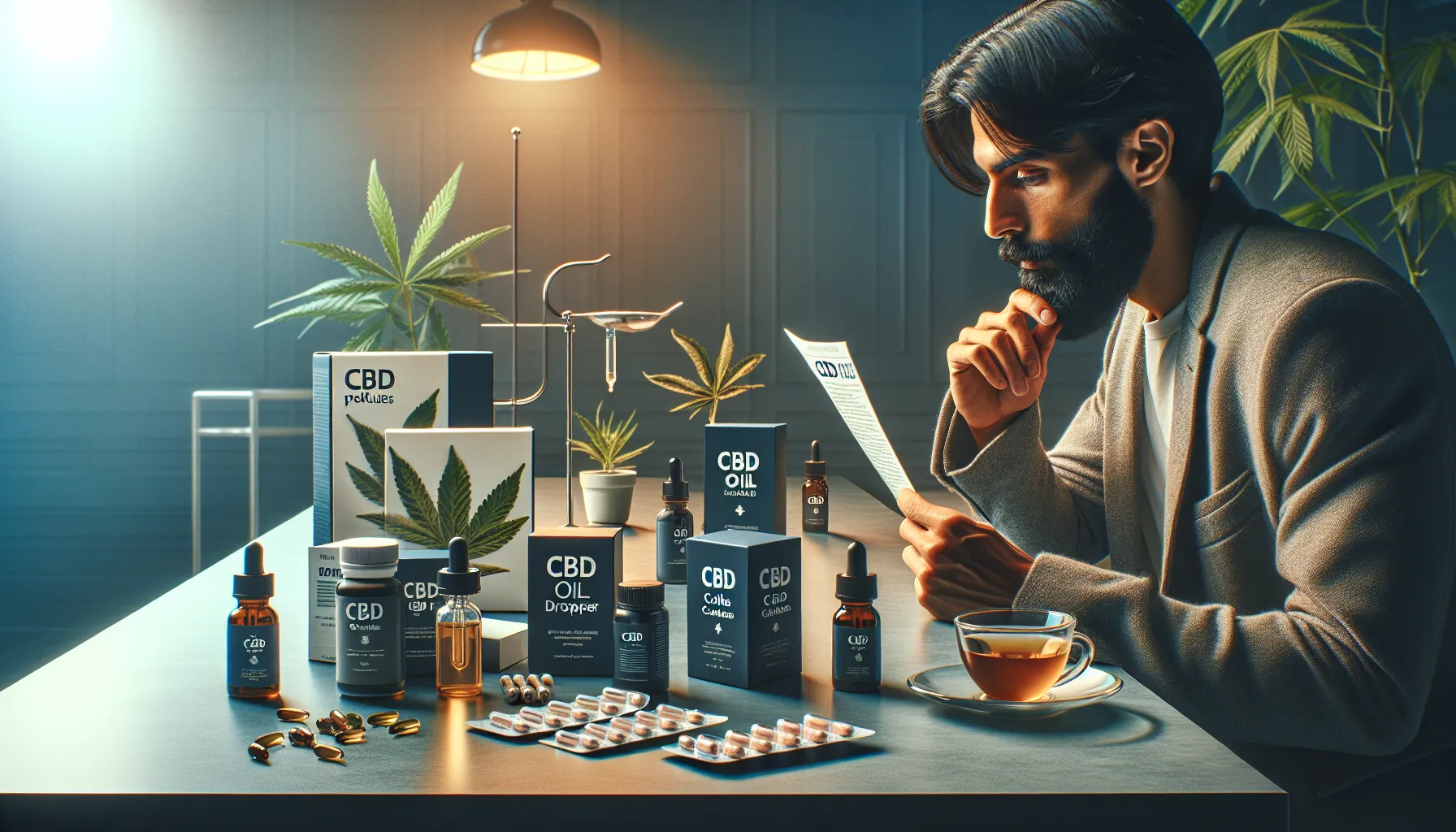 Une image au thème publicitaire hyper-réaliste sur la consommation quotidienne de CBD. La scène inclut une variété de produits CBD, tels que des bouteilles d'huile à compte-gouttes, des capsules, et des comestibles, étalés sur une table propre et stylée. Une personne d'origine sud-asiatique interagit avec les produits ; elle interprète les informations sur un emballage avec une expression réfléchie. On voit aussi une personne d'origine caucasienne en arrière-plan, buvant du thé infusé au CBD, ayant l'air détendu. Un éclairage en duo-ton rend toute la scène apaisante et accueillante.