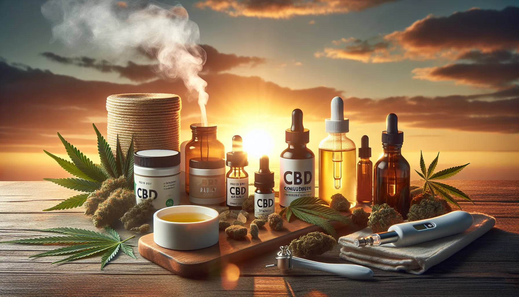 Créez une image ultra réaliste destinée à une publicité, mettant en avant le thème des bienfaits de la consommation quotidienne de CBD. La scène doit inclure divers produits CBD disposés de manière réfléchie sur un fond. Représentez le soleil du matin se levant et projetant des teintes chaleureuses sur l'assortiment, et une libération lente de vapeur ou de fumée provenant du diffuseur d'huile de CBD, pour une ambiance de tranquillité et de soulagement.