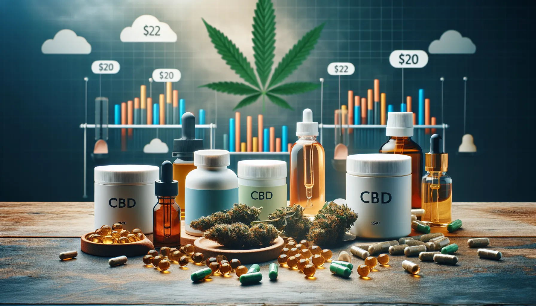 Une image adaptée pour une publicité sur la comparaison et le choix du type de cannabidiol (CBD) le plus efficace et peu coûteux. La scène doit être visuellement frappante mais simple. Elle devrait présenter un éventail de différentes formes de produits CBD tels que l'huile, les capsules et les crèmes de manière réaliste mais aucun texte ne doit être intégré dans l'Image.