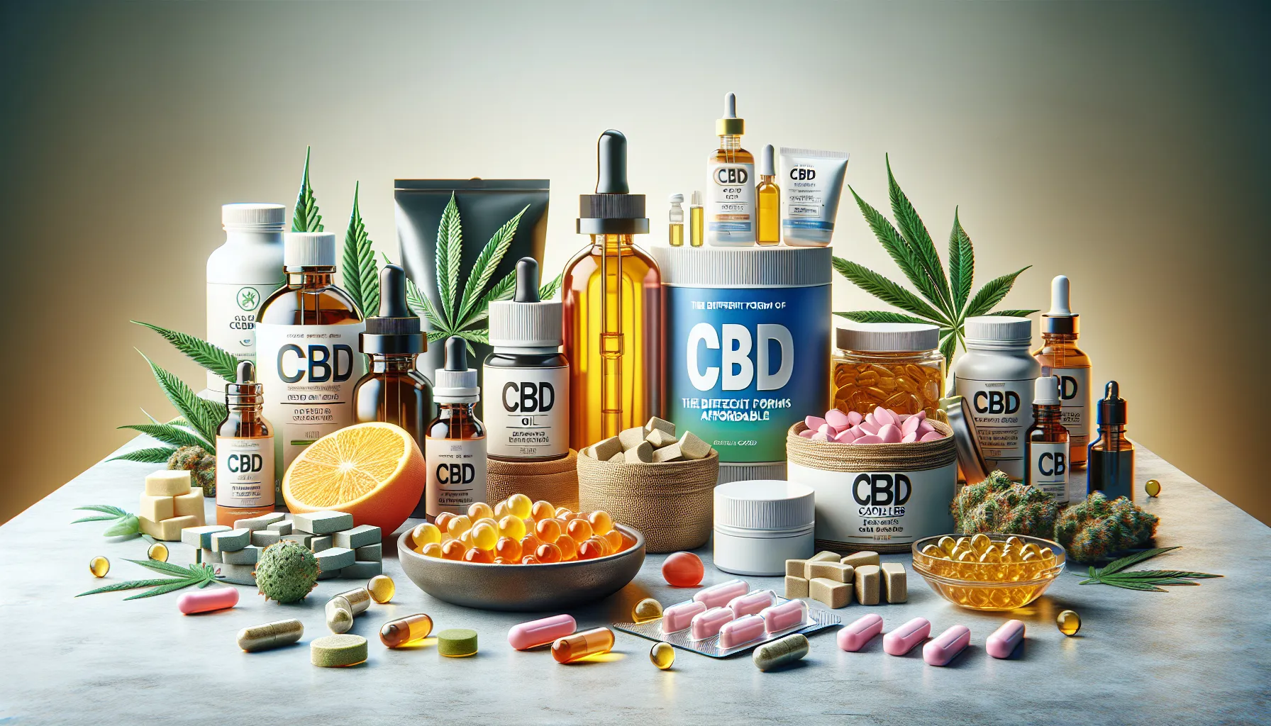 Concevez une image ultra-réaliste à utiliser pour une publicité, centrée autour du thème « La Forme de CBD Abordable la Plus Efficace - Les Différentes Formes de CBD ». L'image devrait représenter la variété des produits CBD de manière simple mais efficace. Incluez dans la scène de l'huile de CBD, des comestibles infusés au CBD tels que des gommes, des capsules de CBD et des crèmes topiques au CBD. L'accent doit être mis sur l'efficacité et l'abordabilité de ces produits. La disposition de l'image devrait renforcer la simplicité et la focalisation directe, présentant chaque produit séparément dans un environnement propre et sans encombrement. Rappelez-vous, aucun texte ne doit être inclus dans l'image elle-même.