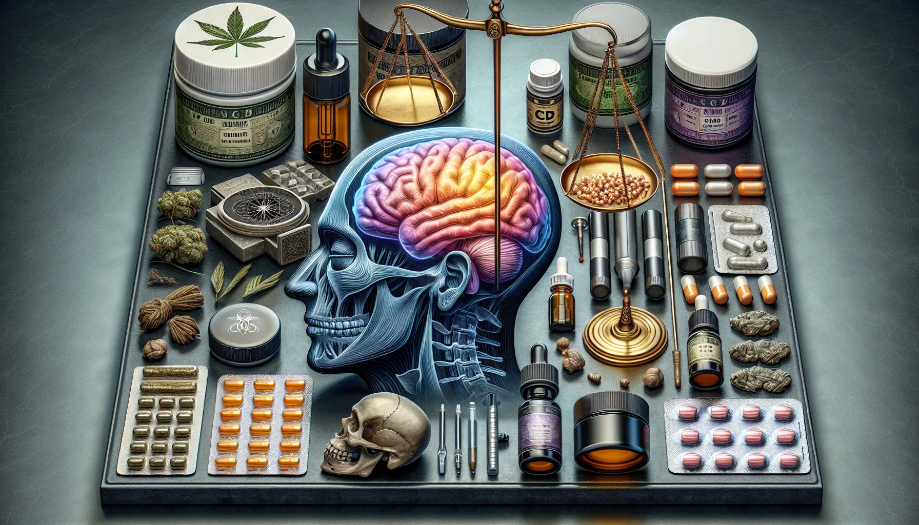 L'image représente un ensemble d'objets associés à la santé et à la médecine. Au centre, on voit un crâne humain transparent qui laisse apparaître un cerveau coloré. Autour de ce crâne, divers éléments tels que des flacons d'huiles, des capsules, des bouteilles étiquetées, des plantes, et des objets en lien avec les substances médicinales sont disposés. Une balance est placée au-dessus du crâne, symbolisant peut-être un équilibre entre la médecine traditionnelle et les substances naturelles. L'ensemble évoque des thèmes liés à la pharmacologie, au bien-être et à la réflexion sur l'utilisation des médicaments.