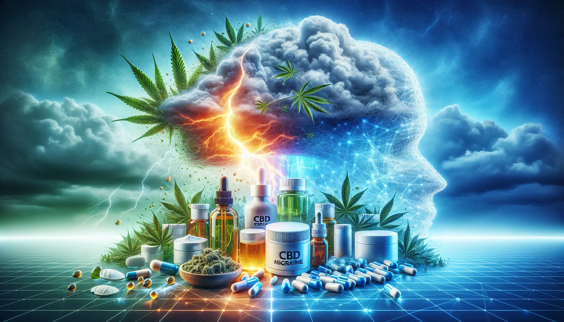 L'image représente une composition visuelle intrigante centrée sur le thème de la santé et du bien-être. Au premier plan, divers produits liés au cannabidiol (CBD) sont disposés, notamment des huiles, des capsules, et des pots de crème. On y trouve également des plantes de cannabis. Au fond, on aperçoit une représentation stylisée d'une tête humaine, semblant faite de données numériques, entourée de nuages et d’éclairs, symbolisant peut-être une connexion entre la nature et la technologie, ou l'impact du CBD sur le mental et le corps. Le contraste entre les teintes chaudes et froides pourrait illustrer les effets apaisants et stimulants des substances présentées. L'ensemble crée une ambiance dynamique et futuriste, évoquant les bienfaits potentiels du CBD dans le domaine de la santé.