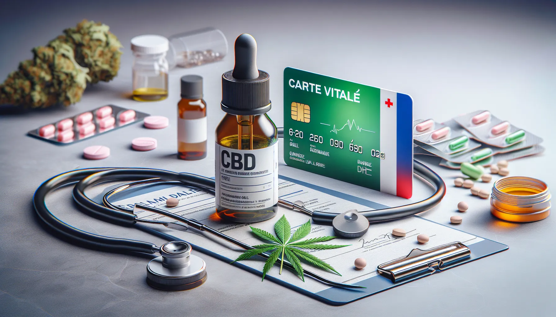 Une image hyper-réaliste destinée à un concept publicitaire. L'image se concentre sur la relation entre le CBD et la santé en France. La scène inclut une bouteille d'huile de CBD, une carte de santé française (Carte Vitale) et des éléments médicaux comme un stéthoscope et des pilules, le tout disposé sur un arrière-plan élégant et simple. La composition exprime le thème sans aucun texte.