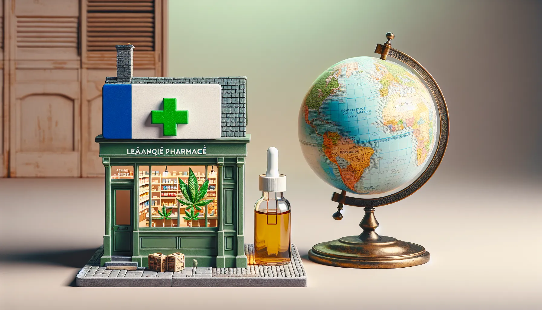 Une image super réaliste adaptée pour une publicité explorant le thème du remboursement du CBD par l'assurance maladie en France, comparé à l'international. Minimaliste avec deux parties distinctes : (1) d'un côté, une représentation détaillée d'une petite pharmacie française authentique avec une croix verte lumineuse à l'extérieur, une bouteille de CBD en verre transparente exposée dans la vitrine ; (2) de l'autre côté, un globe posé sur un support antique, avec la France et plusieurs autres pays marqués de manière distinctive. Aucune des parties ne doit contenir de texte.