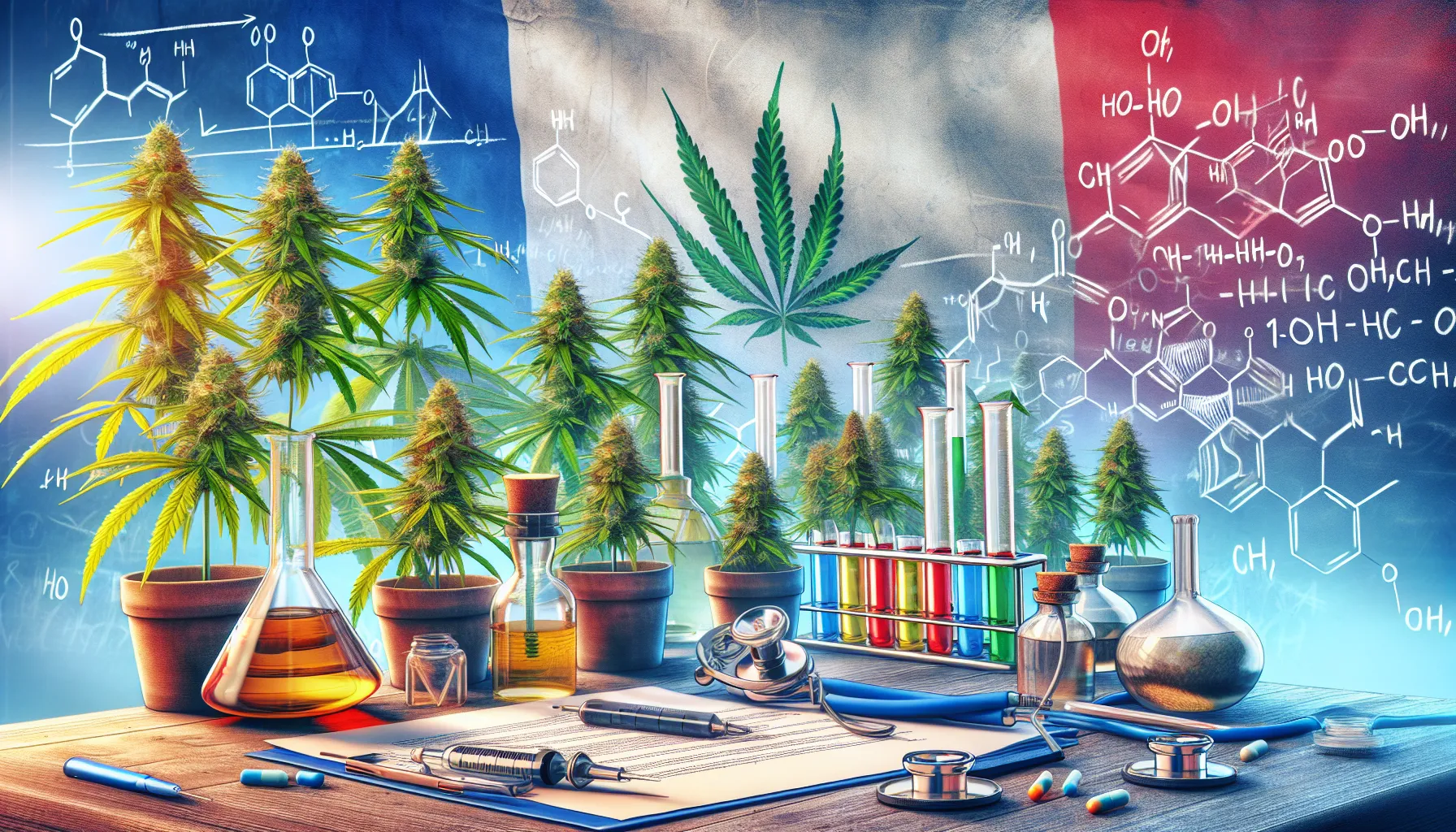 L'image représente un environnement de laboratoire scientifique, mettant en avant des plantes de cannabis en pot. En arrière-plan, on aperçoit le drapeau français, avec des symboles moléculaires et des formules chimiques. Sur la table, divers équipements de laboratoire sont visibles, notamment des bouteilles, des éprouvettes remplies de liquides colorés, une feuille de papier, un stéthoscope et d'autres instruments scientifiques. Les couleurs des liquides et des plantes créent un contraste vibrant et dynamique, renforçant l'idée d'une recherche scientifique liée au cannabis.