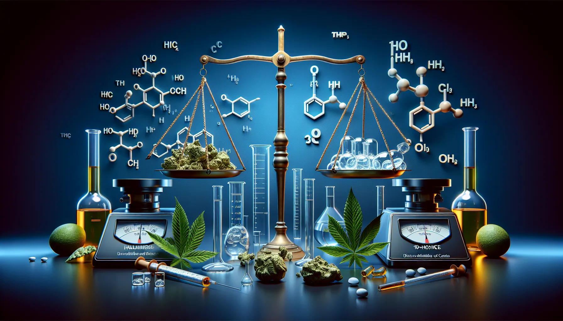 L'image représente un arrangement scientifique centré autour d'une balance. De chaque côté de la balance se trouvent des éléments liés à la chimie et à la botanique, notamment des plantes de cannabis et divers récipients avec des liquides. Des molécules chimiques sont affichées en arrière-plan, illustrant des composants actifs comme le THC. Des instruments de laboratoire, tels que des flacons, éprouvettes et seringues, complètent la scène. L'éclairage est doux, créant une ambiance professionnelle et académique, tandis que des feuilles de cannabis ajoutent une touche organique à l'ensemble.