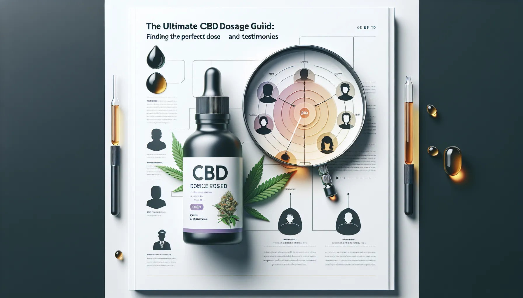 L'image que tu as partagée présente une mise en page graphique centrée sur un produit à base de CBD. Au centre, il y a une bouteille noire étiquetée 