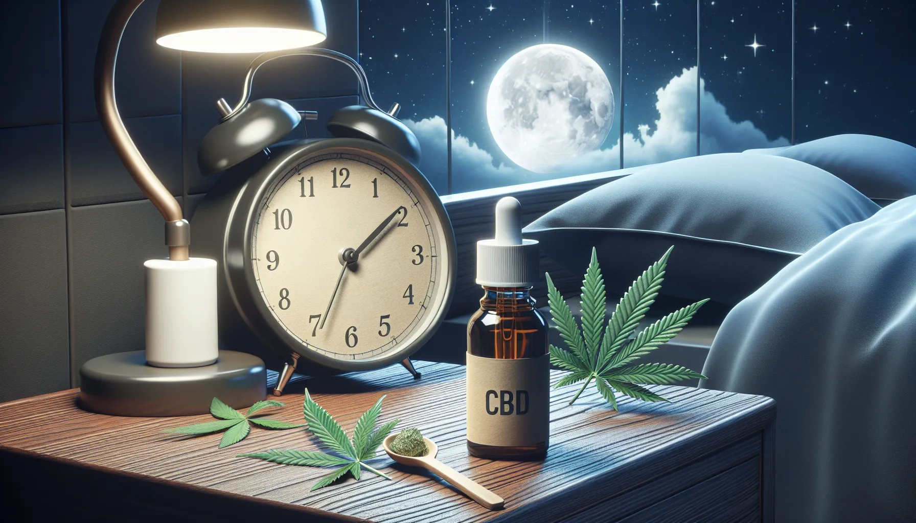 Une image à thème publicitaire pour l'utilisation du CBD contre l'insomnie. L'image devrait contenir une représentation réaliste d'un cadre nocturne, montrant une lune et des étoiles. À proximité, une bouteille d'huile de CBD est placée sur une table de nuit à côté d'une horloge affichant une heure tardive. Elle devrait être une image simple, sans texte, mais projetant calme et paix, reflétant les bienfaits thérapeutiques du CBD pour l'insomnie.