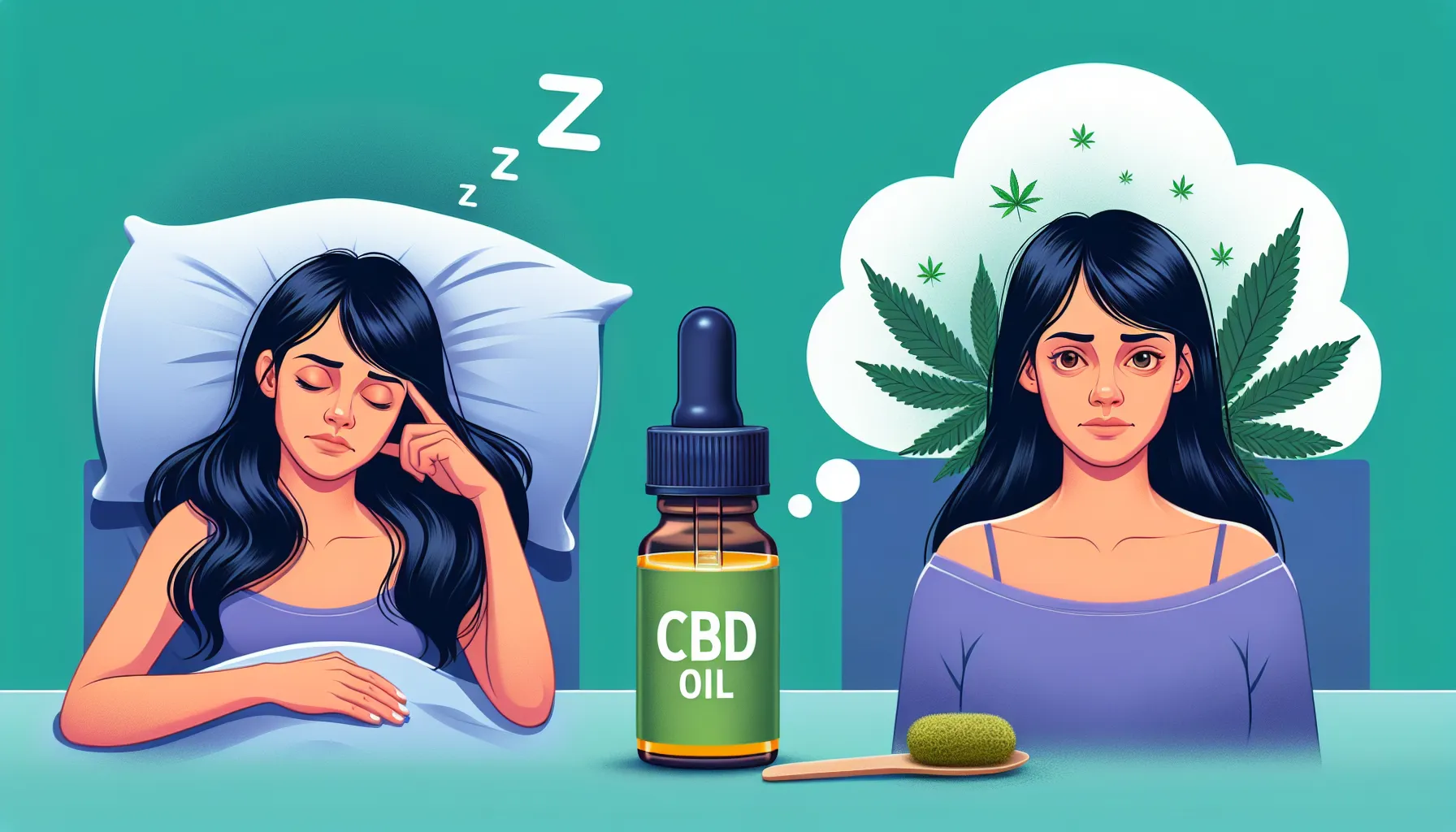 Créez une image réaliste qui symbolise le thème de 'Comment le CBD peut vous aider avec l'insomnie'. Elle devrait dépeindre la dichotomie d'une personne, possiblement une femme d'origine sud-asiatique, luttant contre des nuits sans sommeil contrastées avec la même personne ayant l'air bien reposée et paisible après avoir utilisé du CBD. De plus, illustrez une bouteille d'huile de CBD de manière proéminente dans l'image. Cependant, veuillez garder l'image exempte de tout texte.