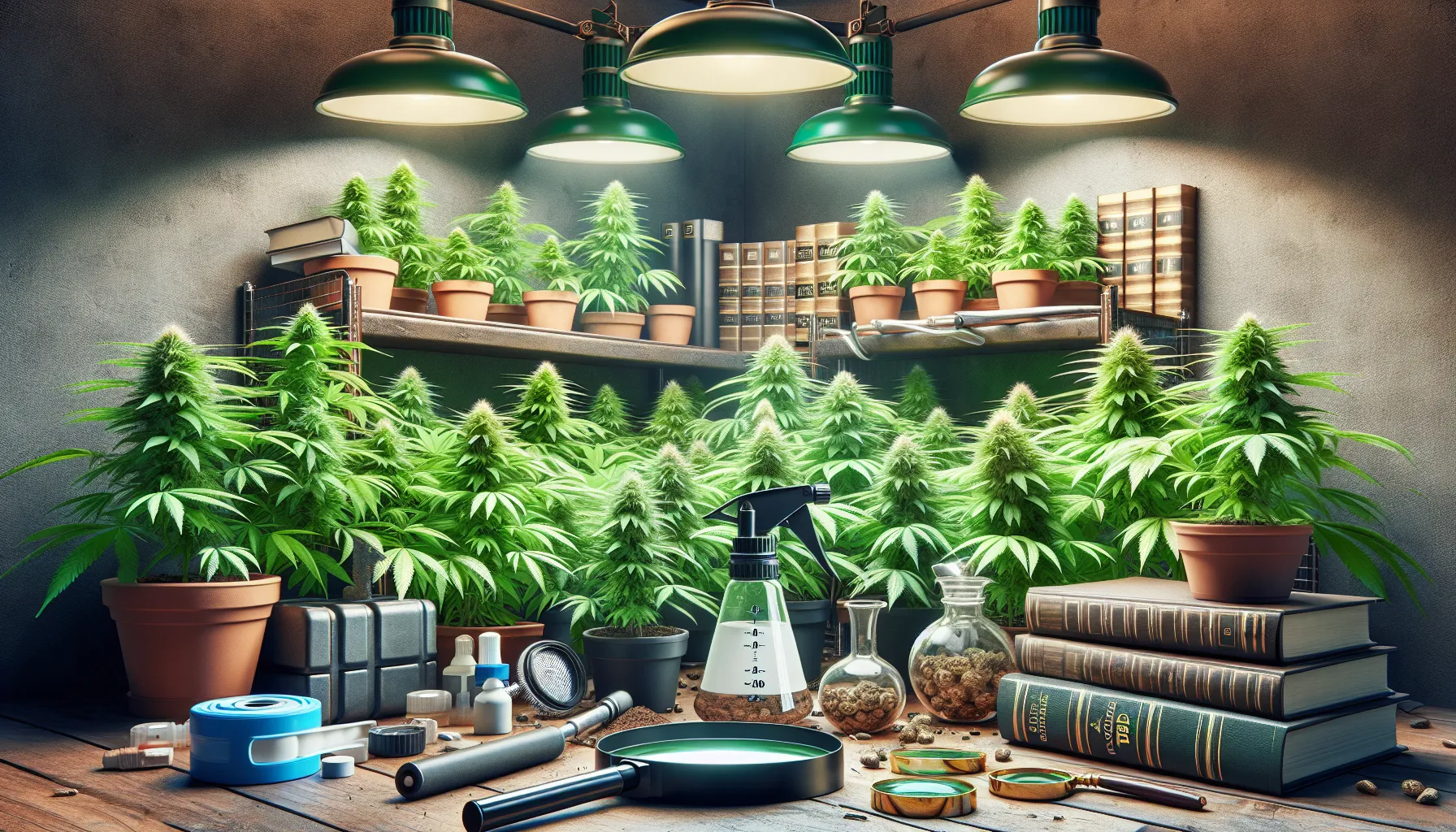 Une image extrêmement réaliste pour une publicité sur la légalité et les conseils de culture du CBD à domicile. La scène expose un jardin d'intérieur bien entretenu rempli de plantes de cannabis à l'aspect sain, d'un vert luxuriant, et avec du matériel typiquement utilisé pour la culture du CBD comme des lumières LED, des filtres, des pots et un arrosoir. Adjacent au jardin, une pile de livres de droit et une loupe laissent entendre les considérations légales impliquées.