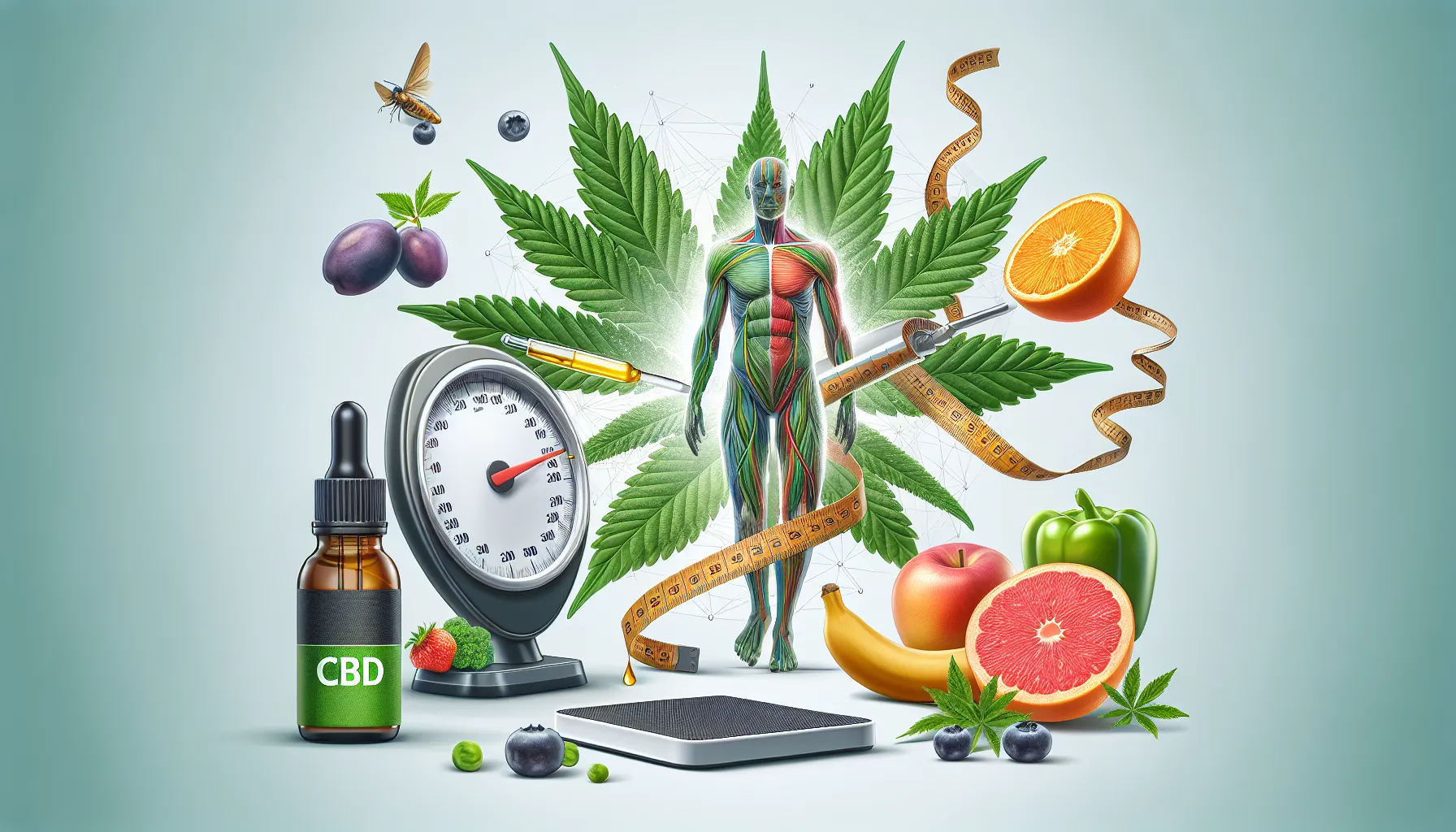 L'image représente une composition visuelle symbolisant la santé et le bien-être, avec un accent sur le CBD et les éléments naturels. Au centre, un corps humain stylisé est entouré de feuilles de cannabis, mettant en avant les liens entre le corps et le monde végétal. On voit également des fruits variés comme des oranges, des pommes, et des poivrons, symbolisant une alimentation saine. À gauche, un flacon d'huile de CBD est visible, complété par une balance et un pèse-personne, suggérant l'importance du poids et de la santé. Des objets comme une seringue et une règle enroulée ajoutent une dimension de mesure et de précision, suggérant peut-être des approches scientifiques vers le bien-être. L'ensemble est bien coloré et dynamique, évoquant un message positif sur la santé.