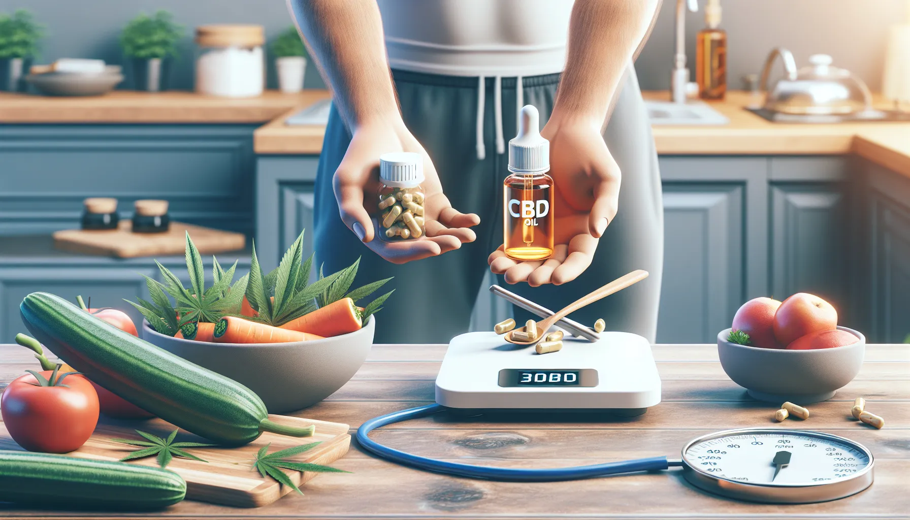 L'image représente une scène de cuisine moderne où une personne tient deux objets dans ses mains. Dans sa main gauche, il y a un flacon de capsules, et dans sa main droite, une bouteille d'huile de CBD. Sur la table, un plateau de fruits et légumes variés est visible, comprenant des concombres, des tomates, des carottes, ainsi que des feuilles ressemblant à du cannabis. Au centre, une balance numérique affiche un poids, et un bol à proximité contient des pommes. L'ambiance de la cuisine est lumineuse et accueillante, avec des éléments de décor en bois.