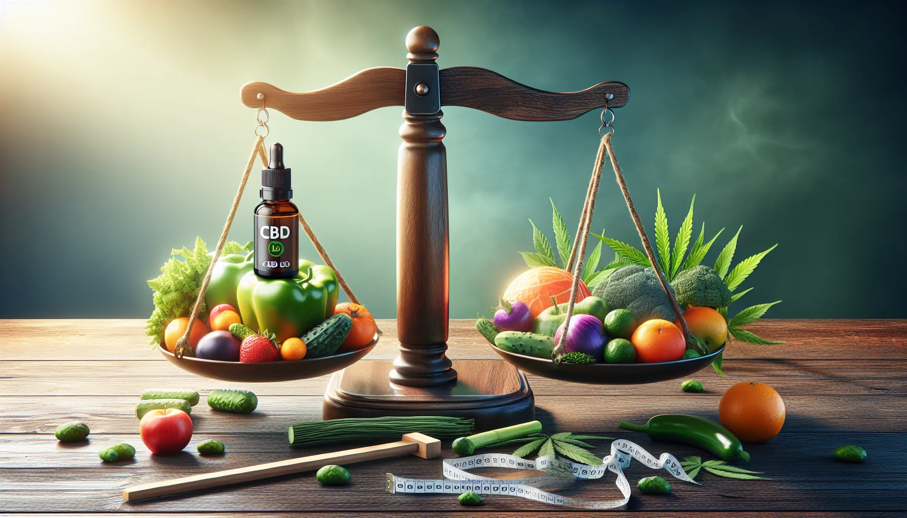 L'image représente une balance de cuisine posée sur une table en bois. D'un côté de la balance, il y a une bouteille d'huile de CBD surmontée de divers fruits et légumes, tels qu'un poivron vert, des oranges, des tomates, des concombres et des fraises. De l'autre côté, on voit une multitude de légumes et de plantes, y compris des feuilles de cannabis, du brocoli et des agrumes. Au premier plan, on remarque également un mètre ruban et quelques légumes supplémentaires, ce qui pourrait suggérer un lien avec la nutrition ou le bien-être. L'arrière-plan est légèrement flou et lumineux, créant une ambiance apaisante.