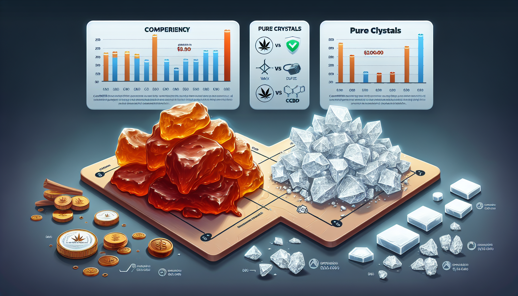 Generate a highly detailed and realistic image for an advertisement focused on CBD concentration comparison. Include representations of inexpensive yet potent CBD products such as wax and pure crystals. There should be a clear distinction between the two types, but do not include any text within the image.