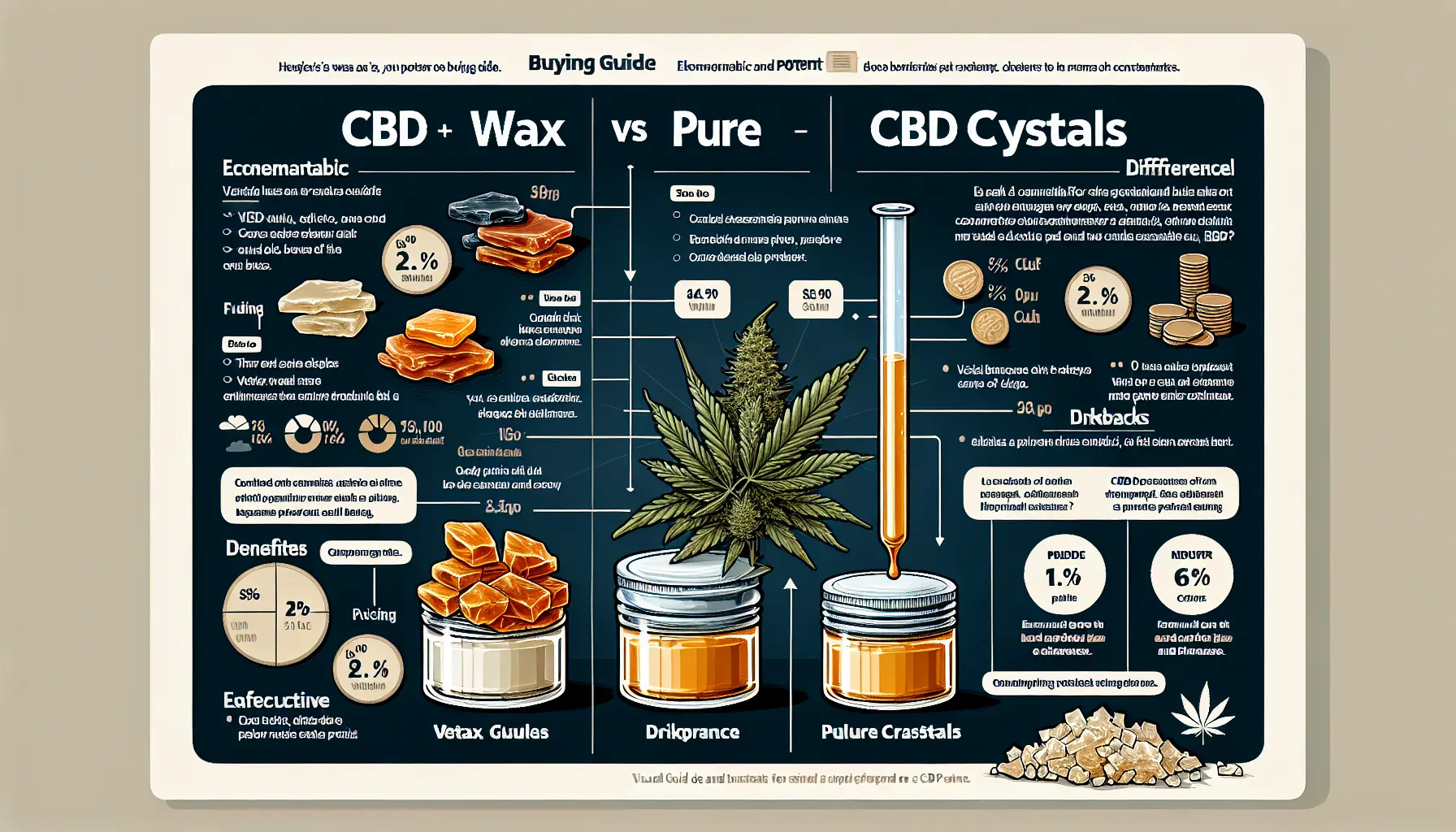 A realistic advertisement image themed around CBD concentrates. Depict a comparison between different forms such as wax and pure crystals without revealing any brands. Perhaps showcase the wax as a bronze semi-liquid substance in a small glass container and the pure crystals as shiny, clear, and diamond-like structures. As it is for advertisement purposes, set the products against a clean, modern background, void of any text.