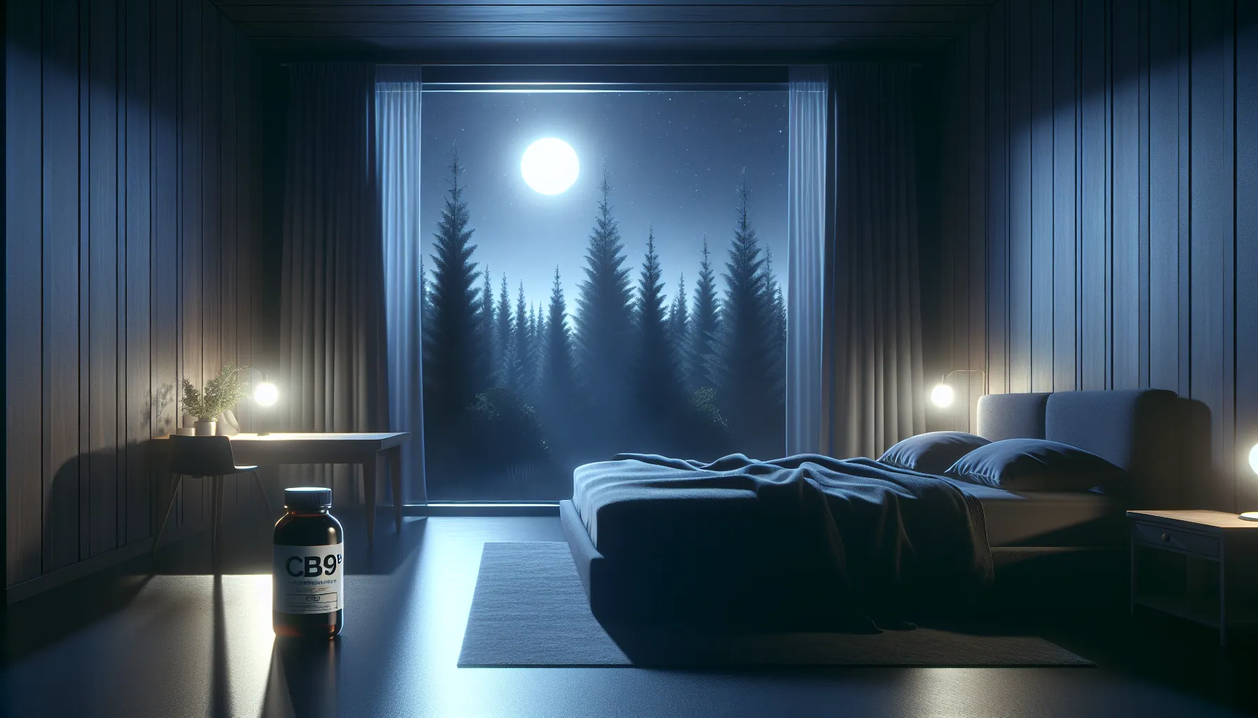 Une image hyper-réaliste faisant la publicité des bienfaits du CBG9 pour le sommeil. Représentez une chambre à coucher sereine, subtilement éclairée par la douce lumière de la lune filtrant à travers la fenêtre où l'on peut voir la silhouette de grands arbres tranquilles. Sur la table de chevet, incluez une bouteille de CBG9 suggérant sa relation avec le sommeil. L'atmosphère devrait suggérer la paix et le calme, induisant l'idée d'un sommeil profond. Veuillez vous abstenir d'incorporer du texte dans l'image.