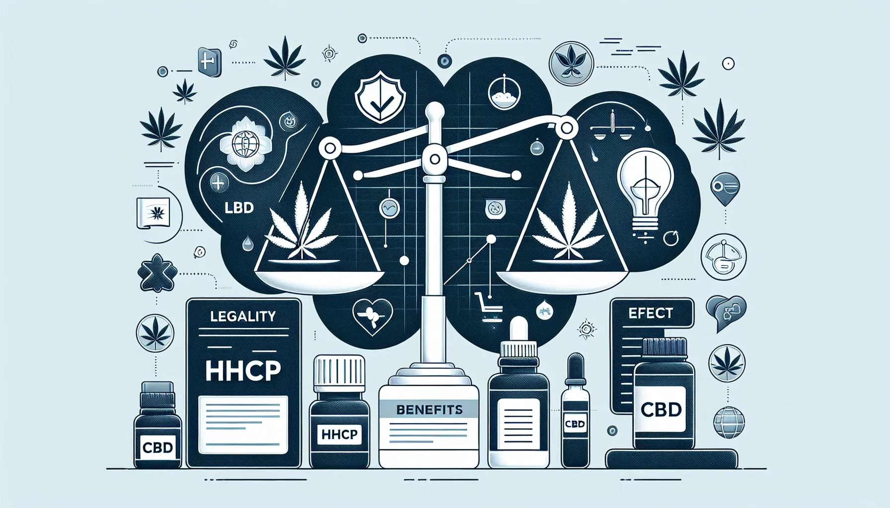 L'image représente une composition graphique centrée sur le thème du cannabis et des produits associés. Au centre, il y a une balance symbolique, illustrant l'équilibre entre divers aspects liés au cannabis, tels que les effets, les bienfaits et la légalité. Des flacons et étiquettes de différents produits comme le CBD et le HHCP sont disposés autour de la balance. Divers symboles, comme des feuilles de cannabis, des icônes de légalité et des graphiques, sont intégrés dans le design, évoquant des notions de bénéfices et d'effets potentiels. Le tout est présenté dans une palette de couleurs principalement bleu et blanc, renforçant l'aspect moderne et informatif de l'image.