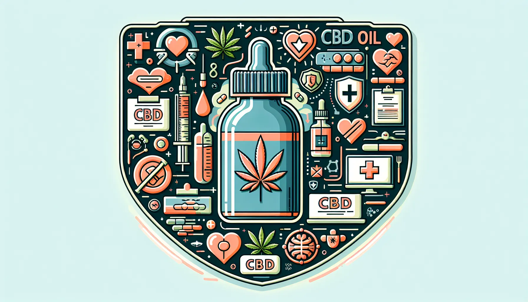 L'image présente un design graphique riche en éléments associés à l'huile de CBD. Au centre, on voit un flacon de gouttes d'huile de CBD avec une feuille de cannabis stylisée. Autour de ce flacon, divers motifs illustrent des thèmes de santé et de bien-être : des cœurs, des seringues, des tests en laboratoire, et des symboles médicaux. Les couleurs dominantes varient entre le vert, le rouge, et des teintes douces, créant une composition vivante qui évoque les bénéfices potentiels du CBD. L'ensemble est organisé de manière harmonieuse dans un cadre en forme de blason.