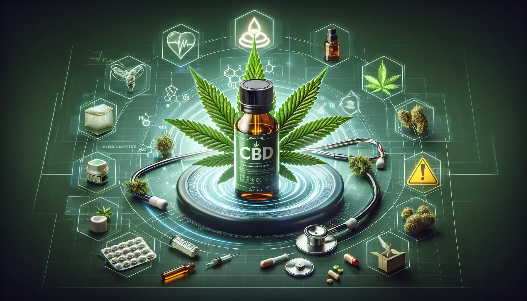 L'image représente un flacon de CBD au centre, entouré de feuilles de cannabis. Elle illustre un concept moderne de la santé et du bien-être, avec des éléments graphiques tels que des icônes et des symboles liés à la médecine, à la science et aux produits à base de cannabis. On aperçoit aussi divers autres produits comme des crèmes, des comprimés, et un stéthoscope, ce qui évoque l'utilisation médicale du CBD. L'arrière-plan est d'un vert sombre, soulignant une atmosphère technologique et informée, avec des motifs qui rappellent la data et l'innovation.