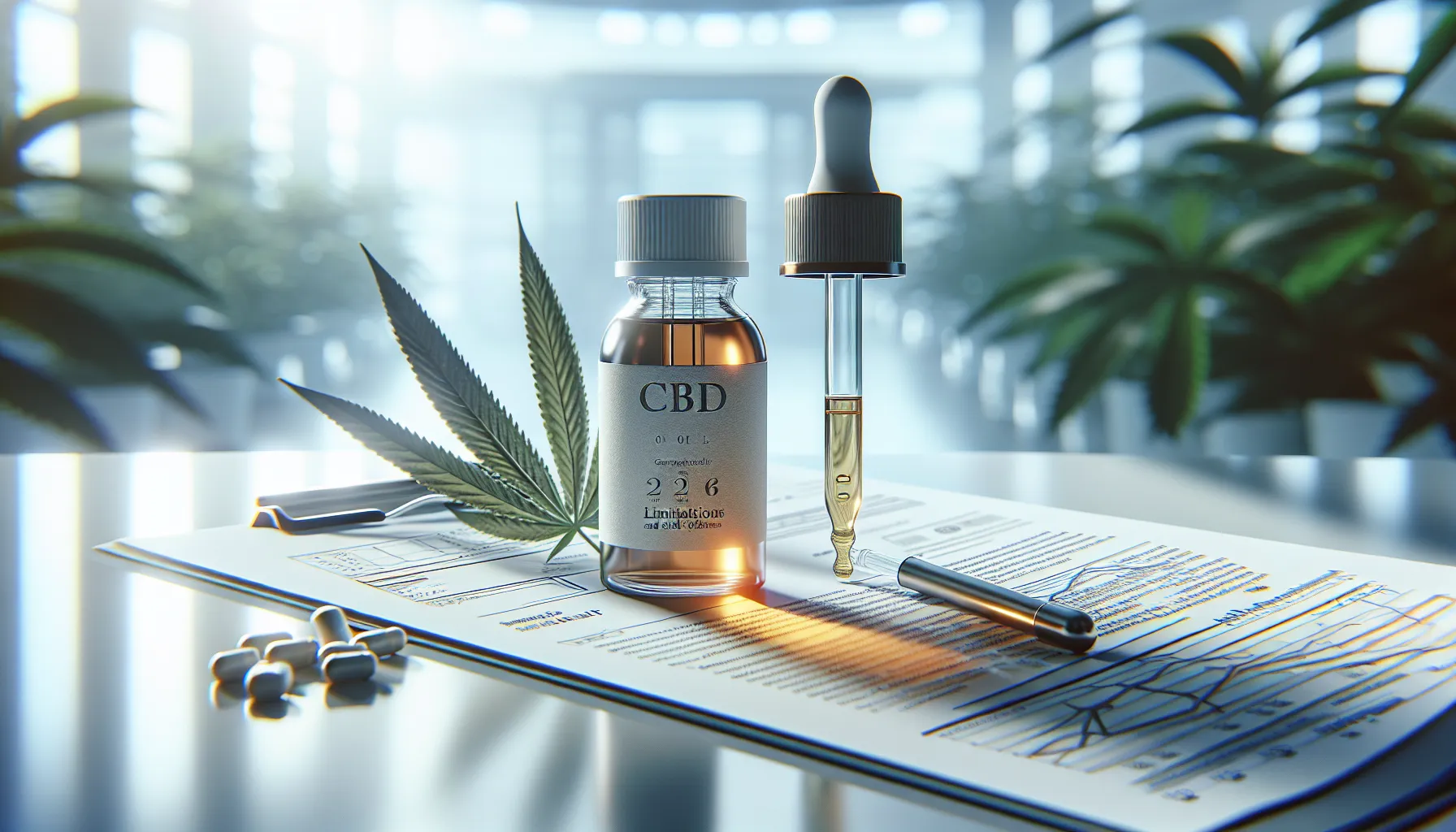 L'image présente une bouteille de CBD placée sur un bureau. À côté de la bouteille, il y a un compte-gouttes en verre, et une feuille de cannabis est visible à proximité. Le tout est posé sur des documents qui semblent contenir des graphiques et des informations. L'arrière-plan est éclairé, montrant des plantes vertes, ce qui suggère un environnement naturel et calme. L'éclairage doux met en valeur les éléments présents sur la table.