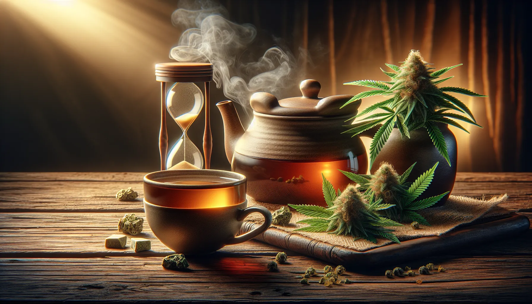 An ultra-realistic advertisement featuring a calming scene based around CBD infusion. The visual details include a steaming teapot of amber-colored CBD tea on a rustic wooden table, with a glossy ceramic cup nearby filled halfway with the aromatic brew. There are also several unbroken hemp plants with mature buds placed delicately next to the tea set. Small nuggets of CBD and an hourglass to represent the infusion time enhance the ambiance. Light filters softly through a nearby window, casting warm highlights on the scene.