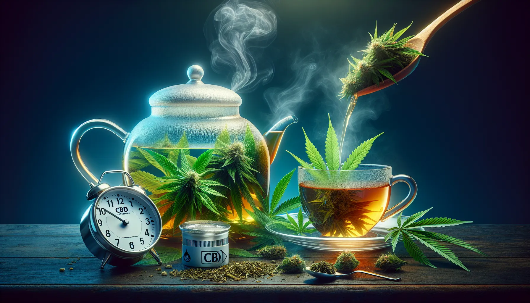 A highly realistic image suitable for an advertisement, showcasing the theme 'CBD Infusion: Infusion Time and Preparation Tips - The Benefits of CBD Infusion'. In this vibrant scene, there are various stages of CBD infusion. On one side of the picture, there's a glass teapot with a gently steaming hot water, a timer on the side indicating the infusion time. Just beside it, freshly picked hemp leaves are being added. On the other side, a completed infusion is being poured into a glass cup, wisps of steam rising from the aromatic liquid. Next to the cup, the benefits of the infusion are subtly represented through a relaxed individual, their features indistinct, manifesting wellness and relaxation.