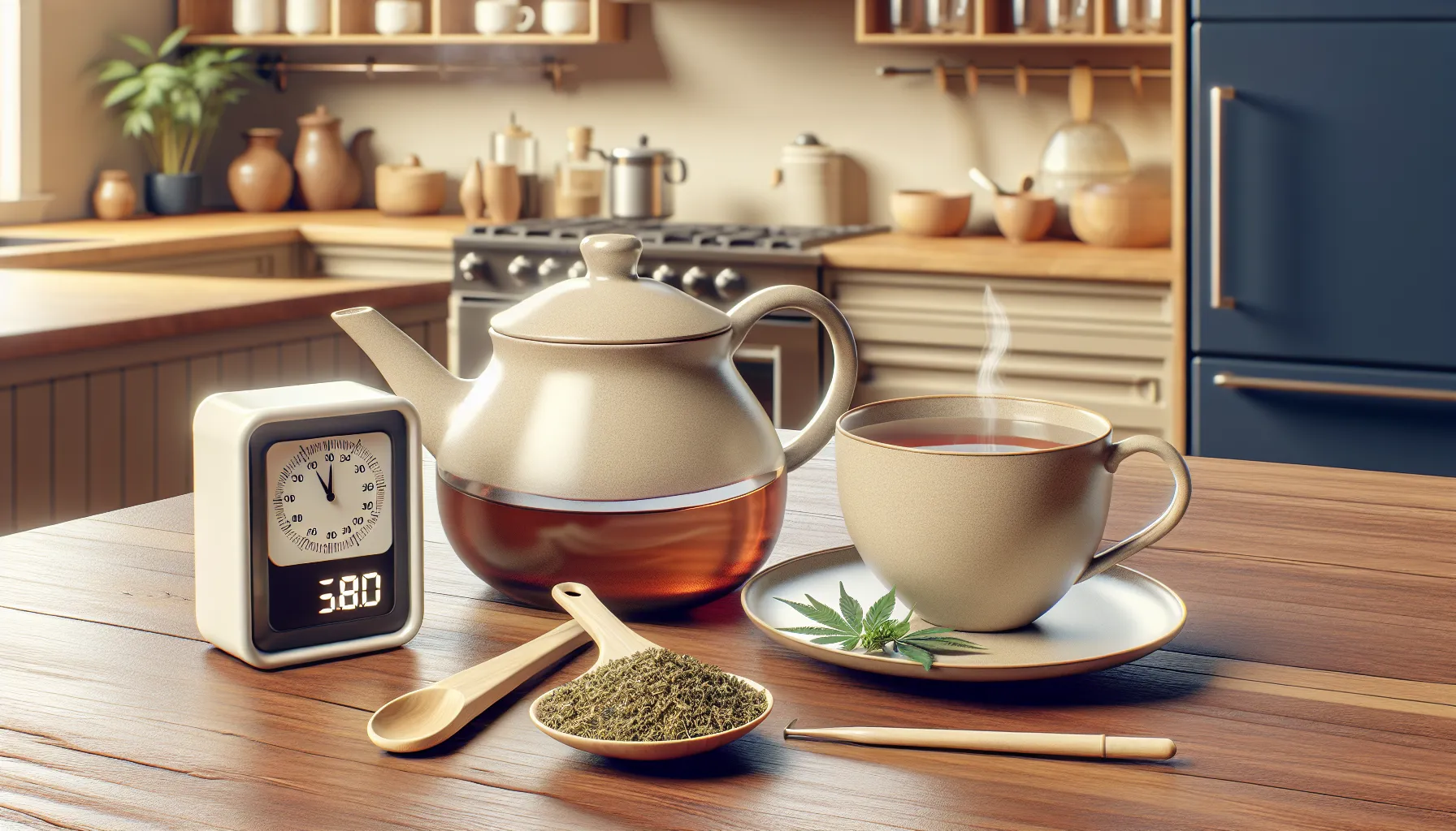 Create a hyper-realistic image for a CBD infusion preparation guide. The scene should feature a ceramic teapot with hot water, a measuring spoon with a ground mixture of CBD, a timer to indicate the infusion time, and a cup of freshly brewed CBD tea placed on a wooden table. Additionally, include a backdrop of a warm, modern kitchen setting. The representation should be simplistic in design.