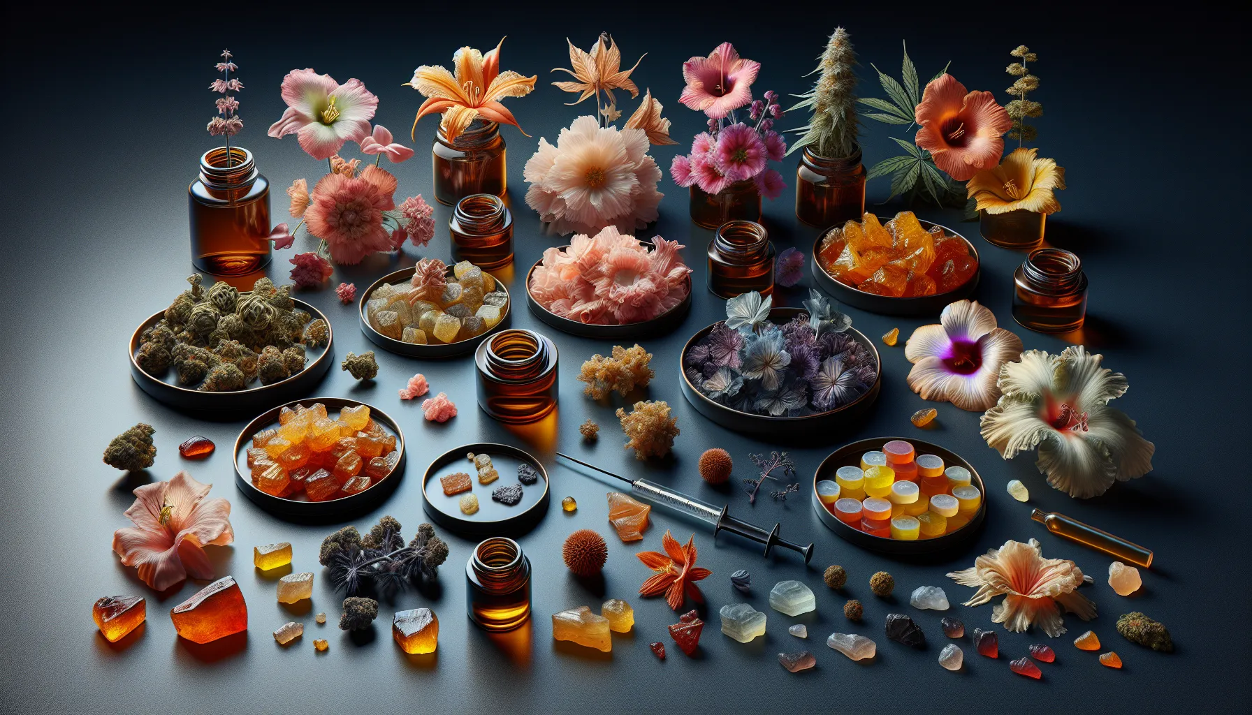 L'image montre un arrangement artistique et coloré d'objets divers sur une surface sombre. On y trouve plusieurs bocaux en verre ambré contenant des fleurs variées, ainsi que des plats ronds remplis de substances de différentes tailles et couleurs, comme des confiseries et des résines. Les éléments floraux sont très présents, avec des fleurs dans des teintes pastel et vives, ajoutant une touche de nature à la composition. Il y a aussi des morceaux de plantes et des formes cristallines, créant un ensemble harmonieux et vivant, évoquant un mélange de botanique et d'artisanat. Un outil ressemblant à une seringue est également visible, suggérant peut-être une connexion avec des pratiques de fabrication ou de laboratoire.