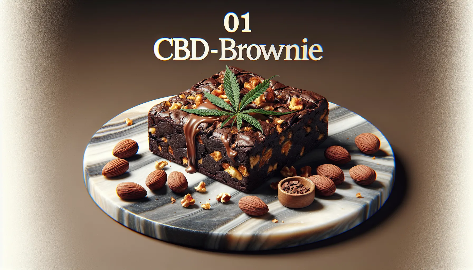 Générez une image très réaliste adaptée à une publicité, présentant les éléments suivants : Premièrement, une vignette mettant en scène le chiffre un de manière élégante ; deuxièmement, un brownie infusé au CBD, richement garni de noix et débordant de chocolat chaud. Le brownie doit être disposé avec élégance sur un plateau marbré. Rappelez-vous, il ne doit y avoir aucun texte dans l'image.