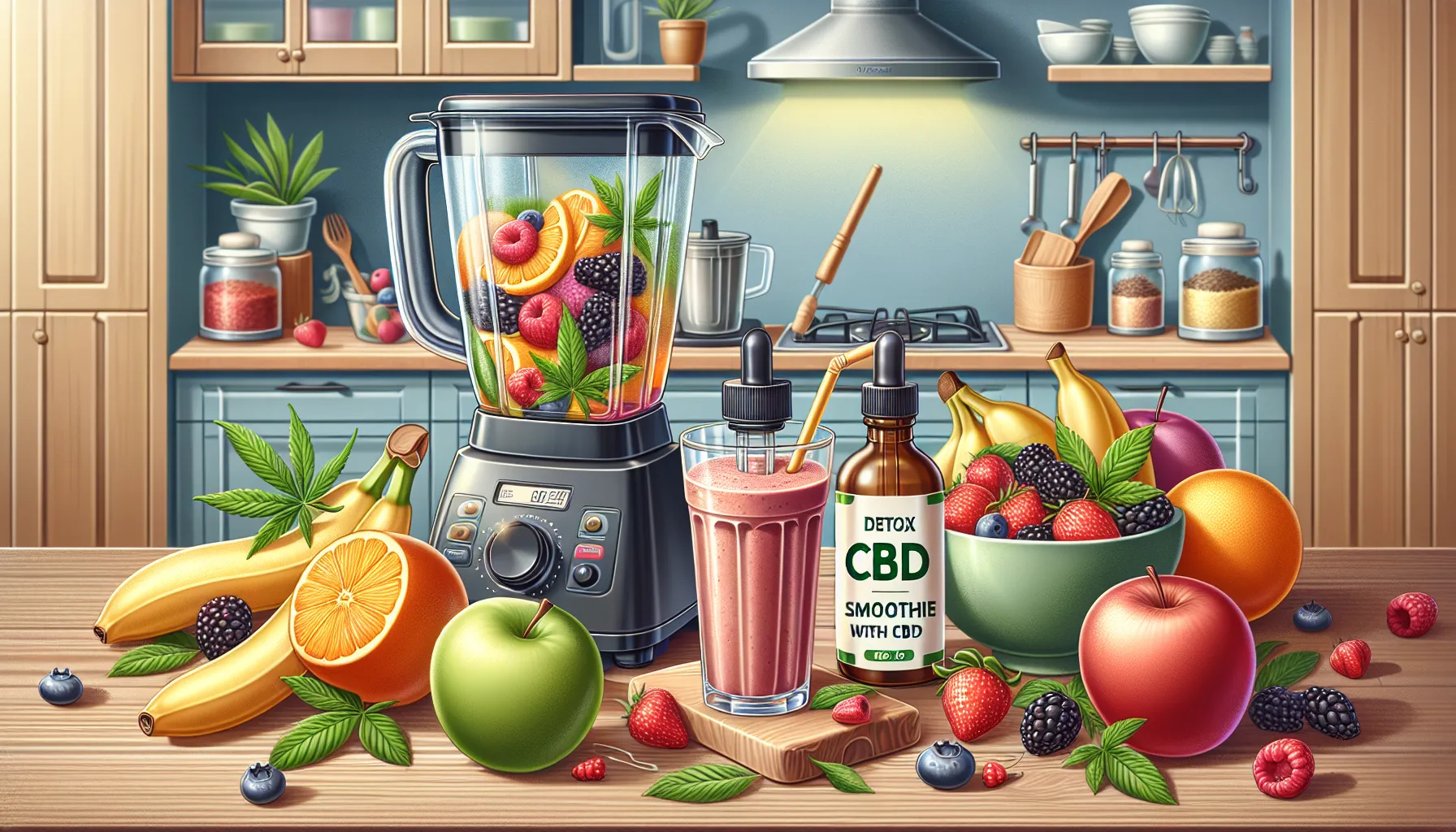 Créez une illustration ultra-réaliste de la deuxième meilleure recette à base de CBD : Smoothies Detox au CBD. La scène doit montrer un plan de travail de cuisine. Sur le plan de travail, il y a des fruits frais comme des pommes, des oranges, des bananes et des baies. À côté des fruits, il y a de l'huile de CBD dans une bouteille transparente. Sur le côté, un mixeur rempli d'un mélange de smoothie de couleur agréable. À côté du mixeur, il y a un joli verre à smoothie, avec à l'intérieur un frais Smoothie Detox au CBD, surmonté d'une paille et de certains fruits pour la décoration.