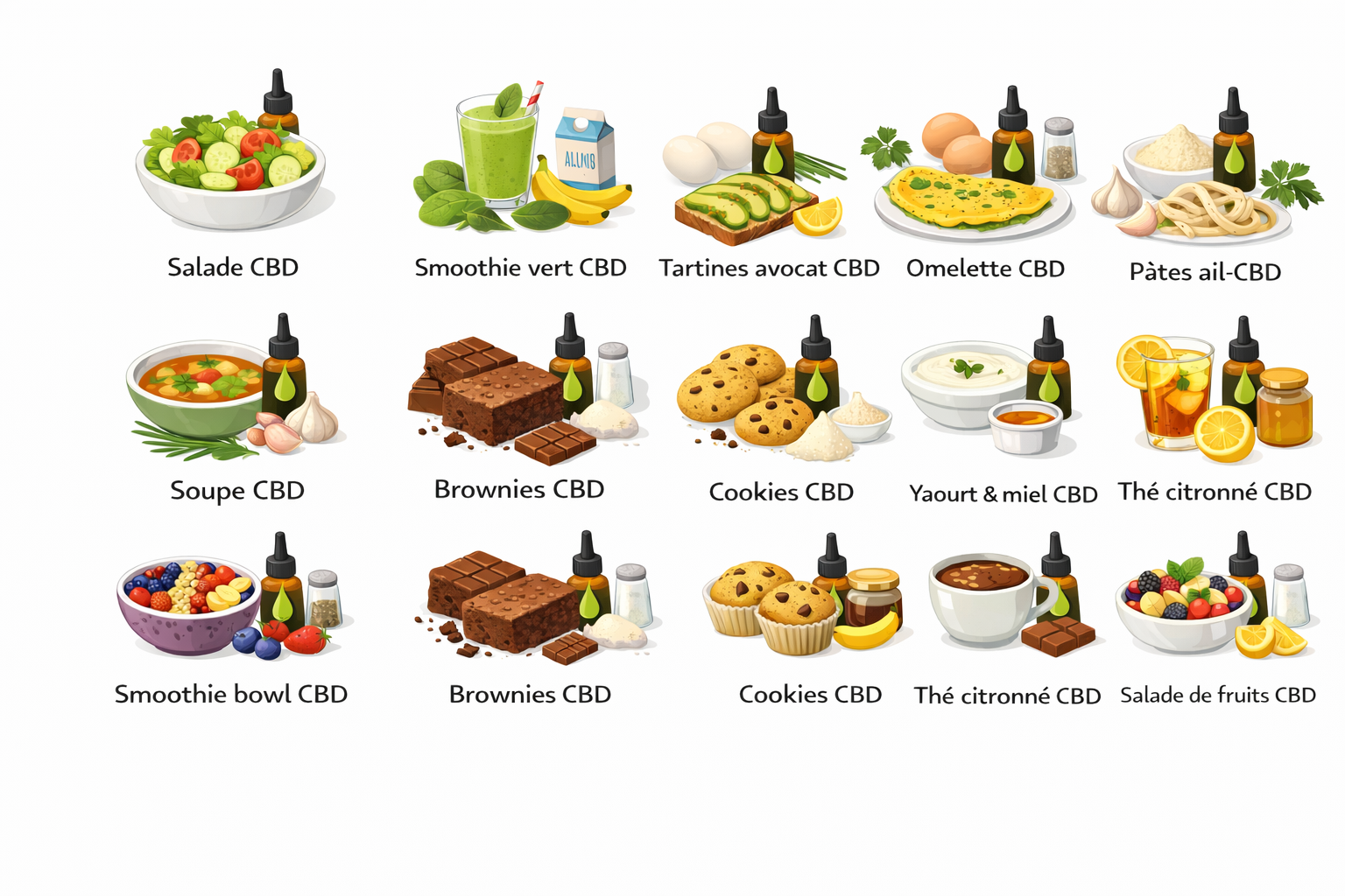 Assortiment d'aliments et boissons infusés au CBD.