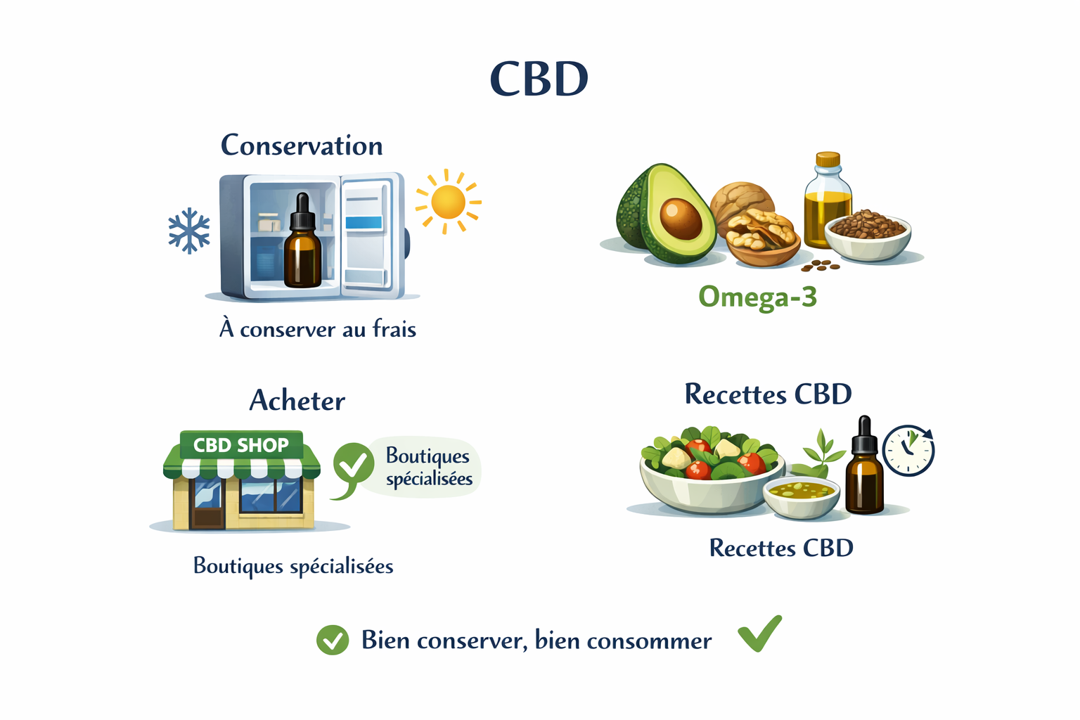 Conseils conservation, achat, oméga-3 et recettes du CBD.